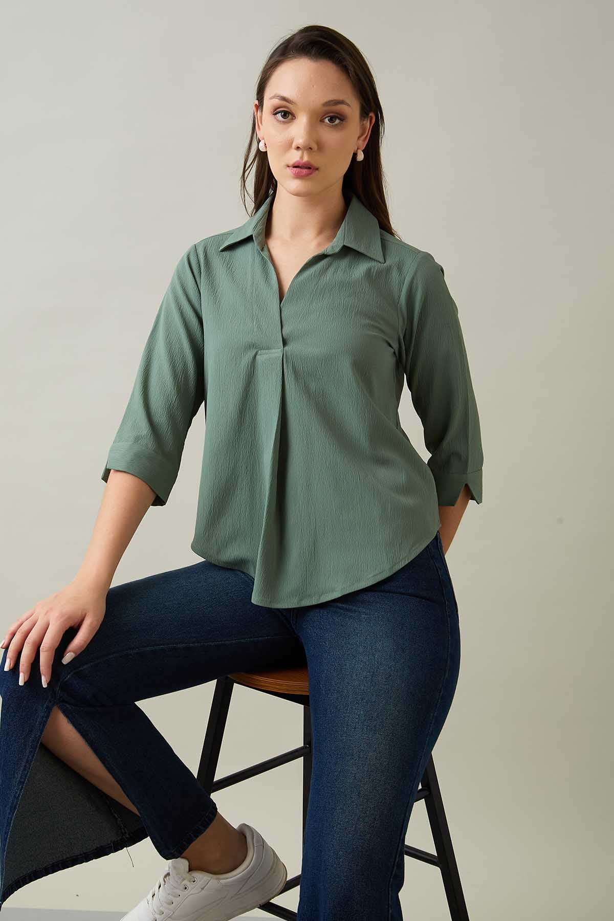 Buy Green Box Pleated Collared Top by 7teen12 for women online at ScrollnShops