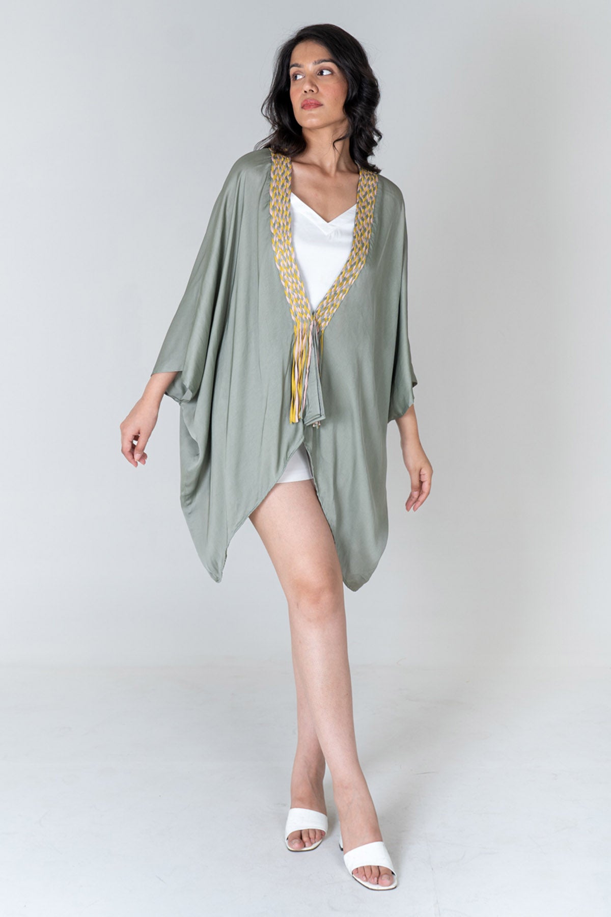 Buy Neora by Nehal ChopraGreen Braid Asymmetrical Cape for Women Online