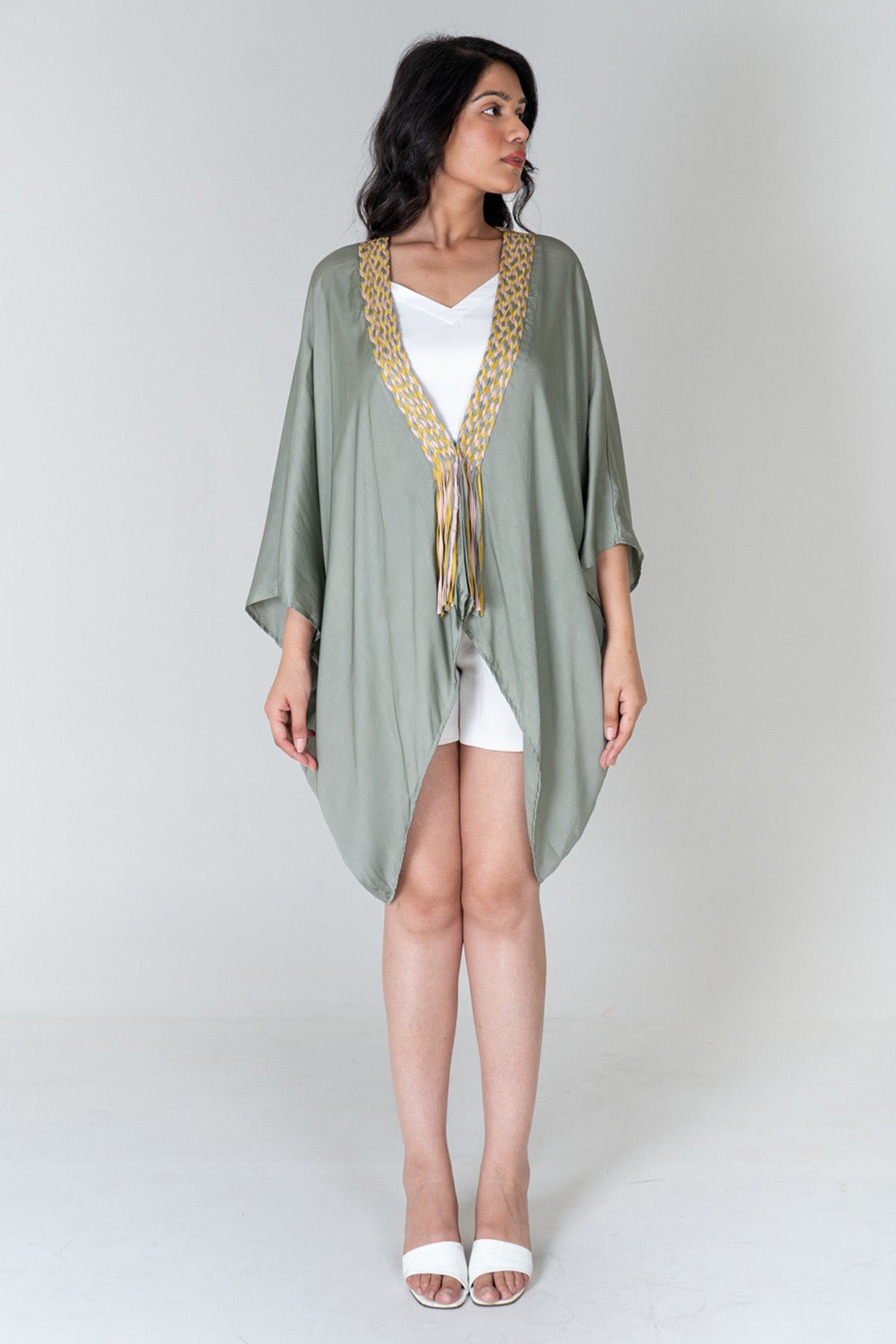 Neora by Nehal Chopra Green Braid Asymmetrical Cape for women online at ScrollnShops