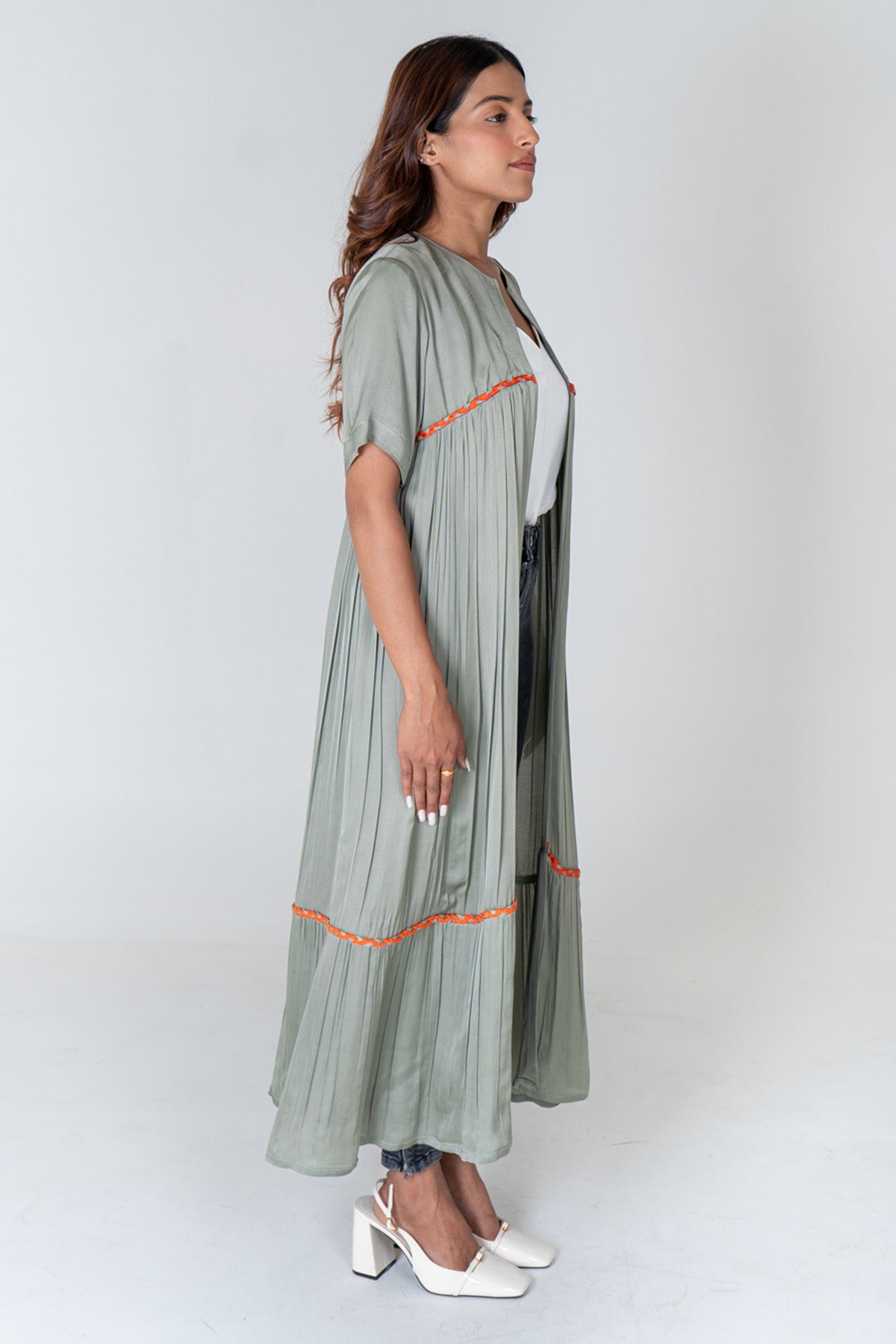 Green Braid Gathered Long Cape