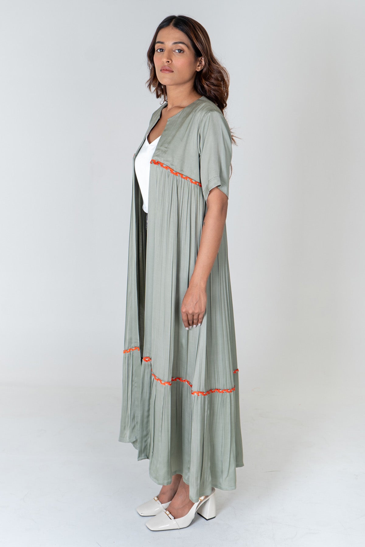 Green Braid Gathered Long Cape