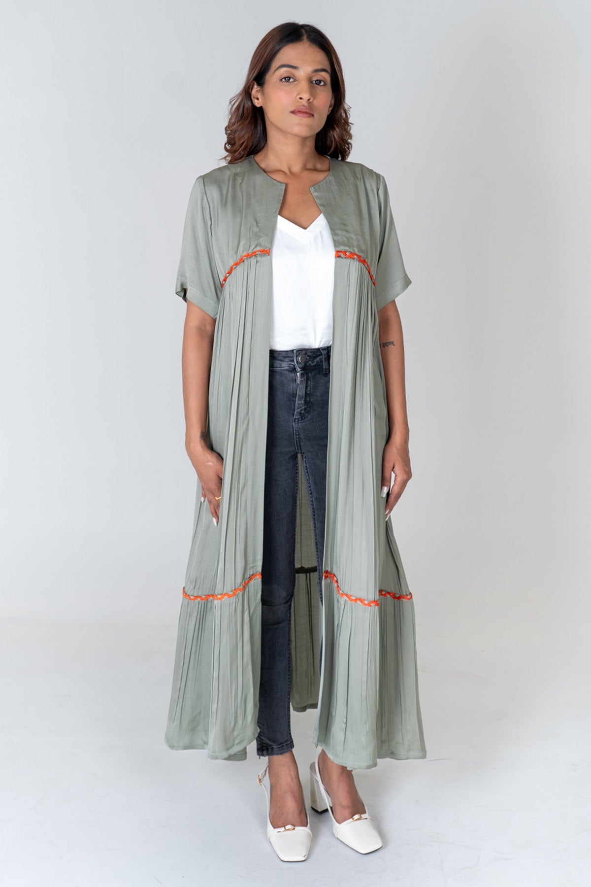 Buy Neora by Nehal ChopraGreen Braid Gathered Long Cape for Women Online