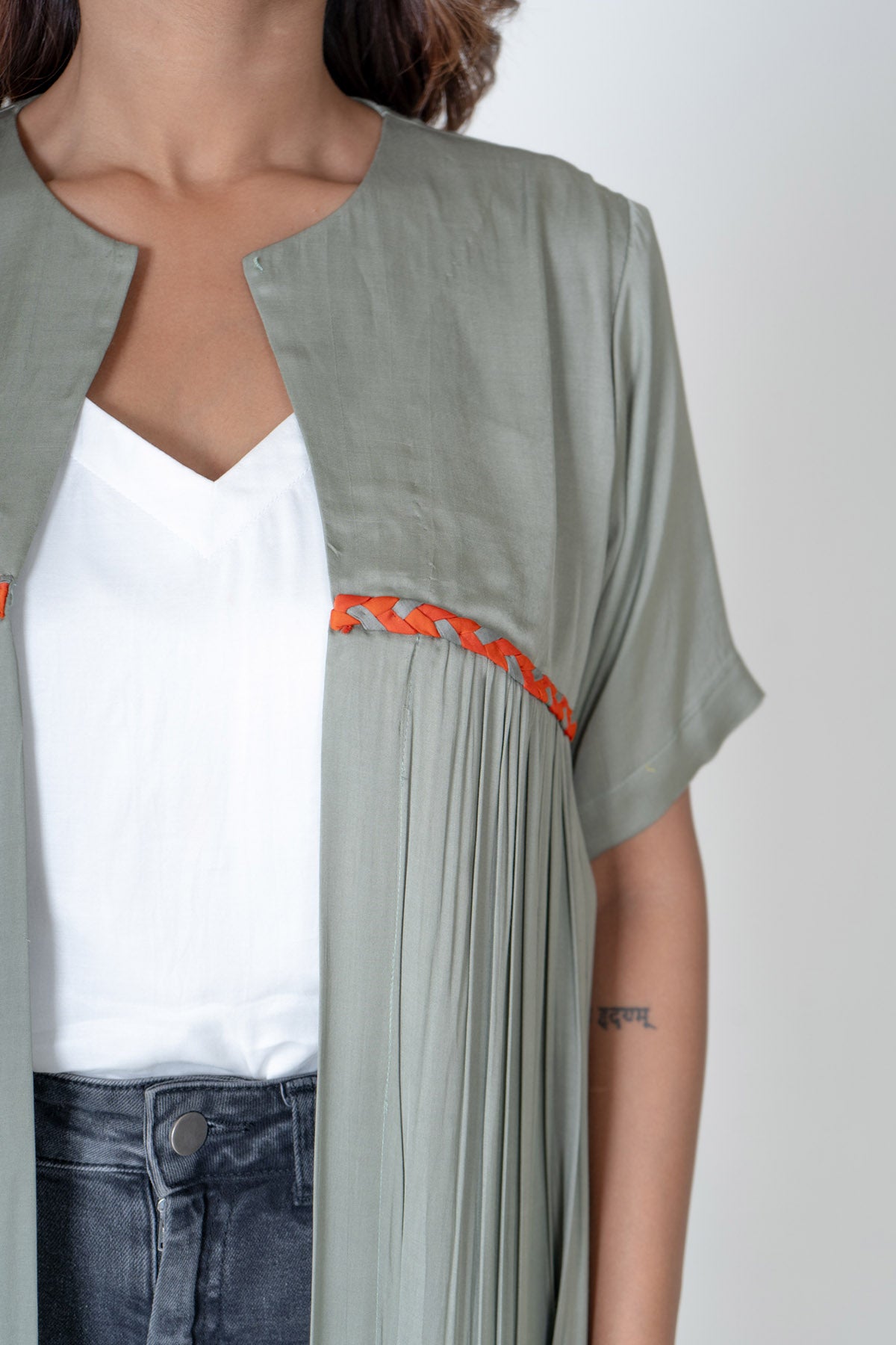 Green Braid Gathered Long Cape