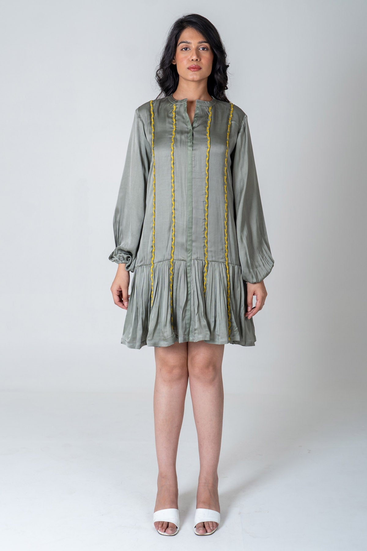 Neora by Nehal Chopra Green Braided Gathered Dress for women online at ScrollnShops