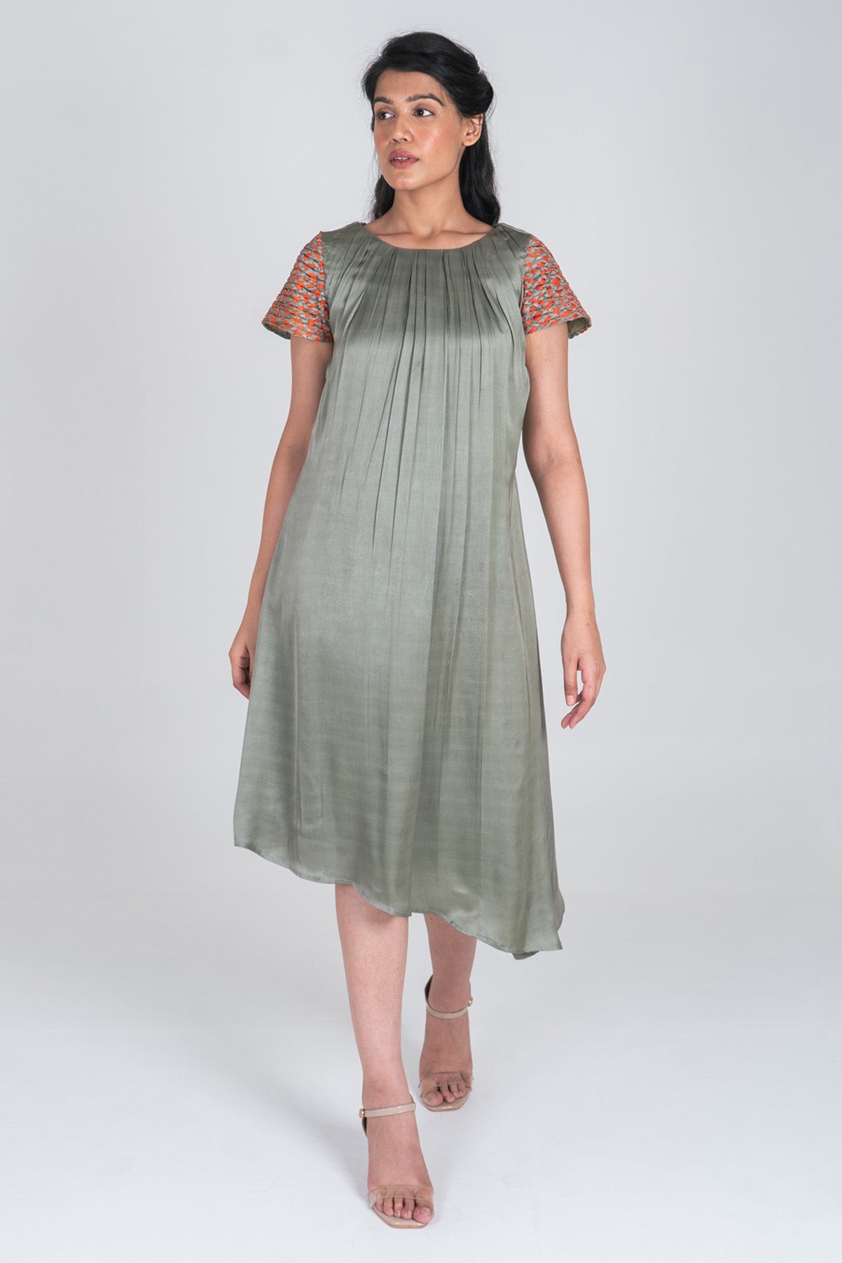 Neora by Nehal Chopra Green Braided Sleeves Dress for women online at ScrollnShops