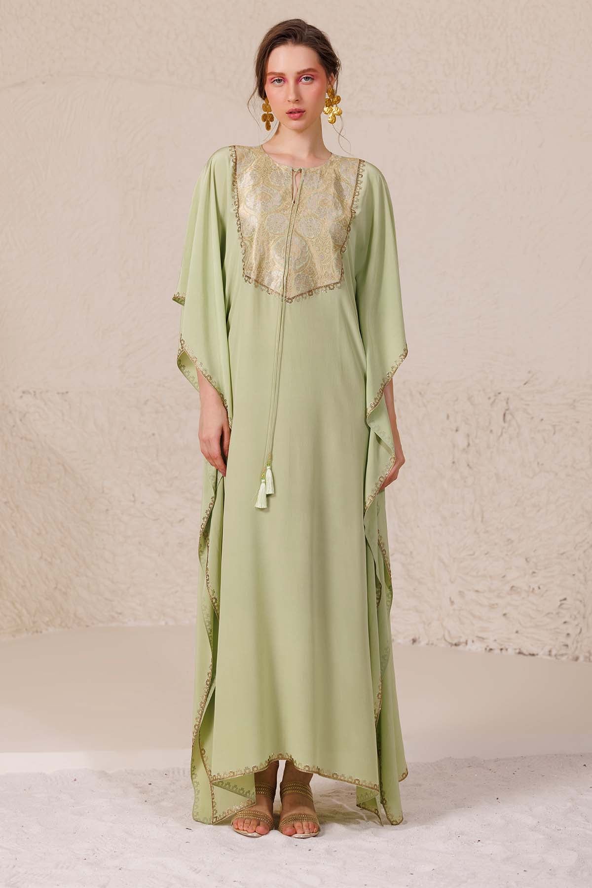 Chhaya Mehrotra Green Brocade Yoke Long Kaftan for women online at ScrollnShops