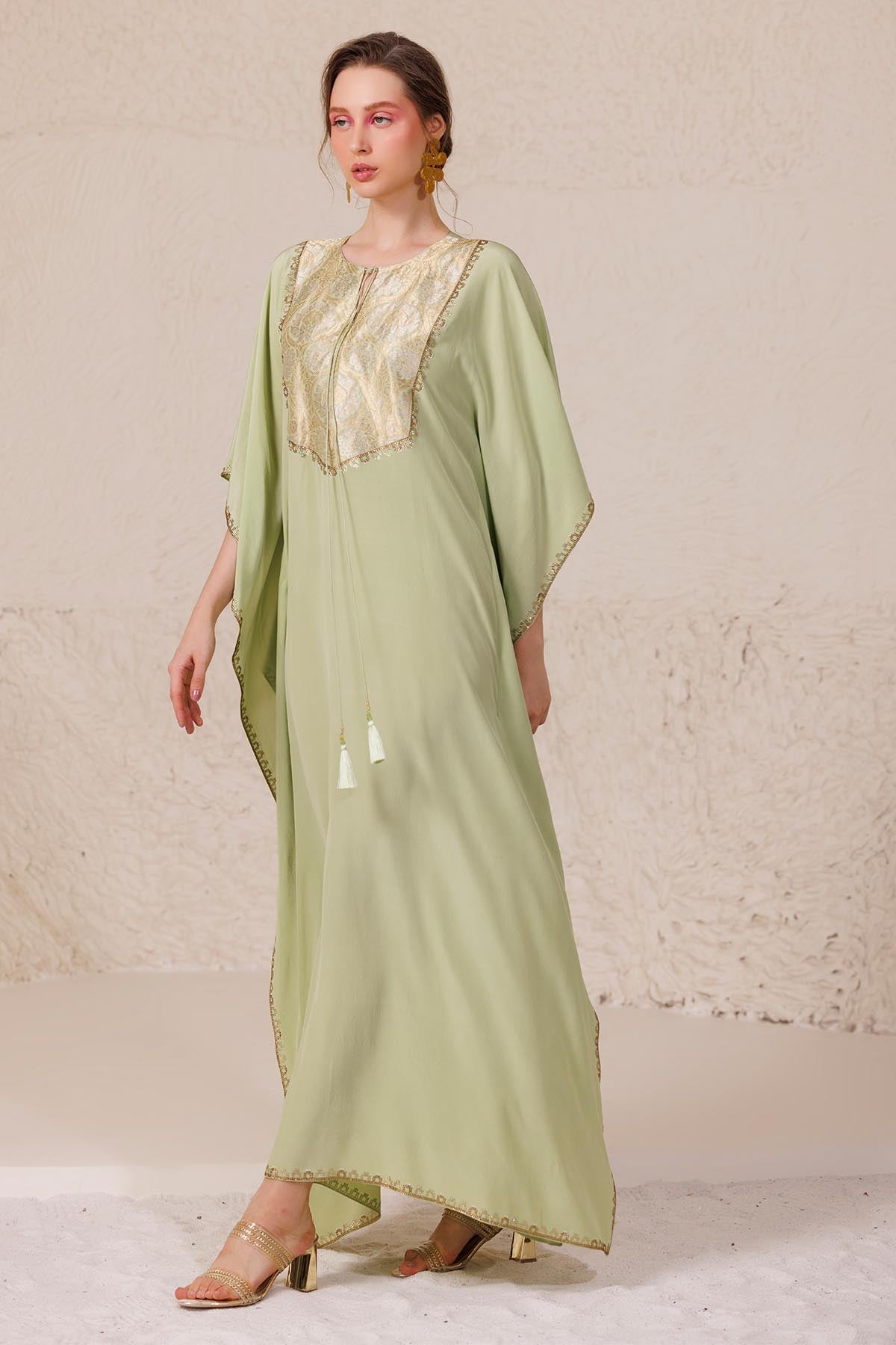 Green Brocade Yoke Long Kaftan