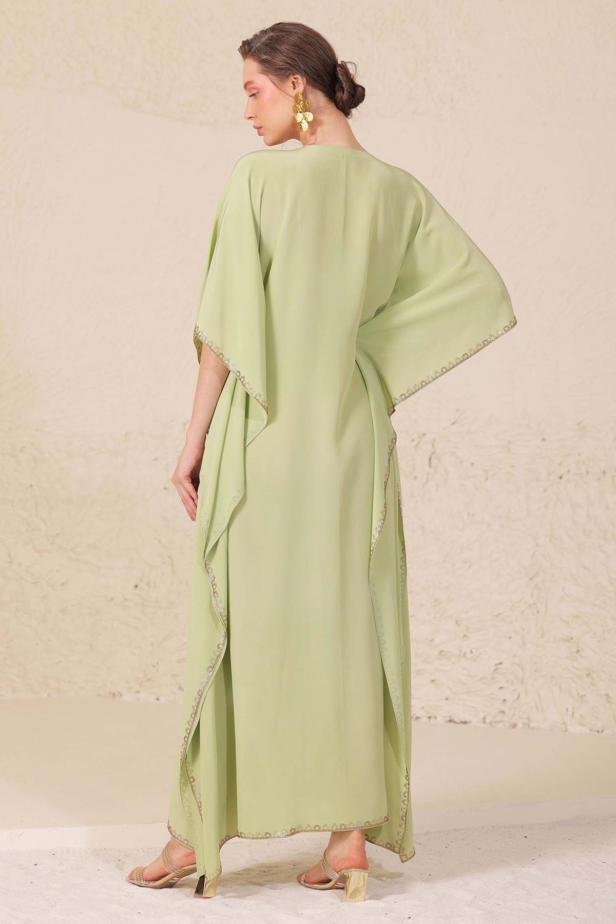 Green Brocade Yoke Long Kaftan