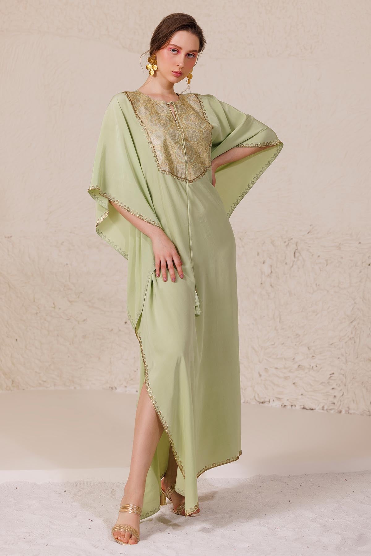 Green Brocade Yoke Long Kaftan