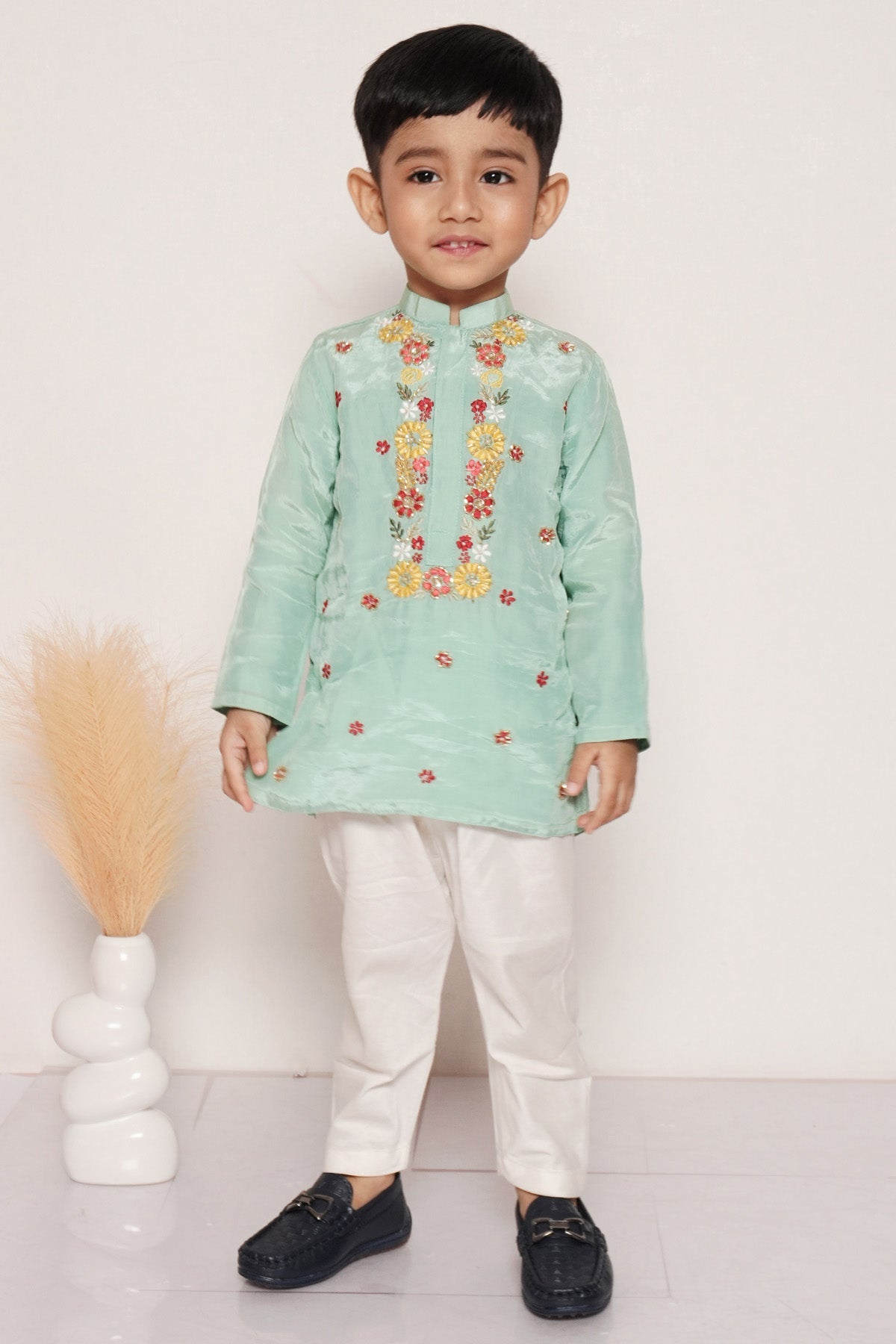 Buy Green Butta Work Kurta And Pant for boy by Little Brats online available at scrollnshops