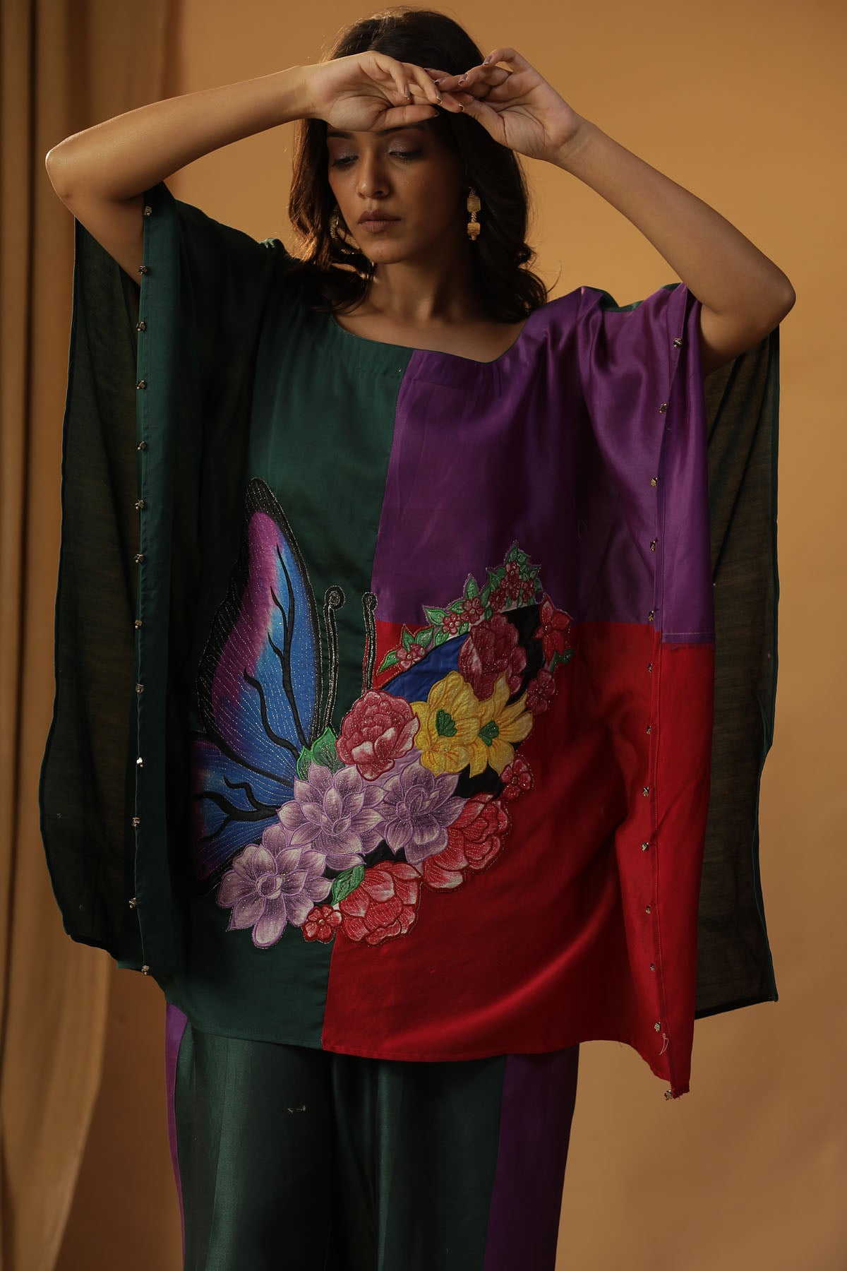 Green Butterfly Print Kaftan Set