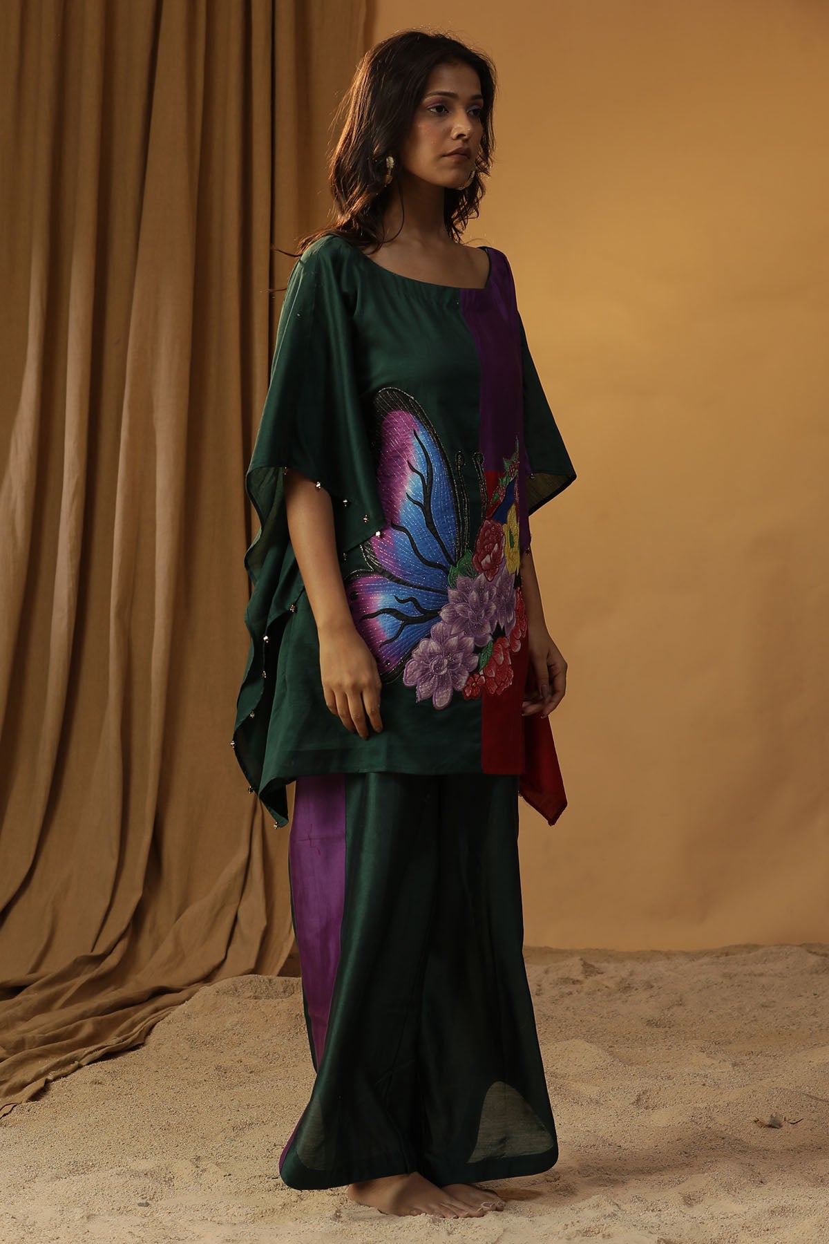Green Butterfly Print Kaftan Set