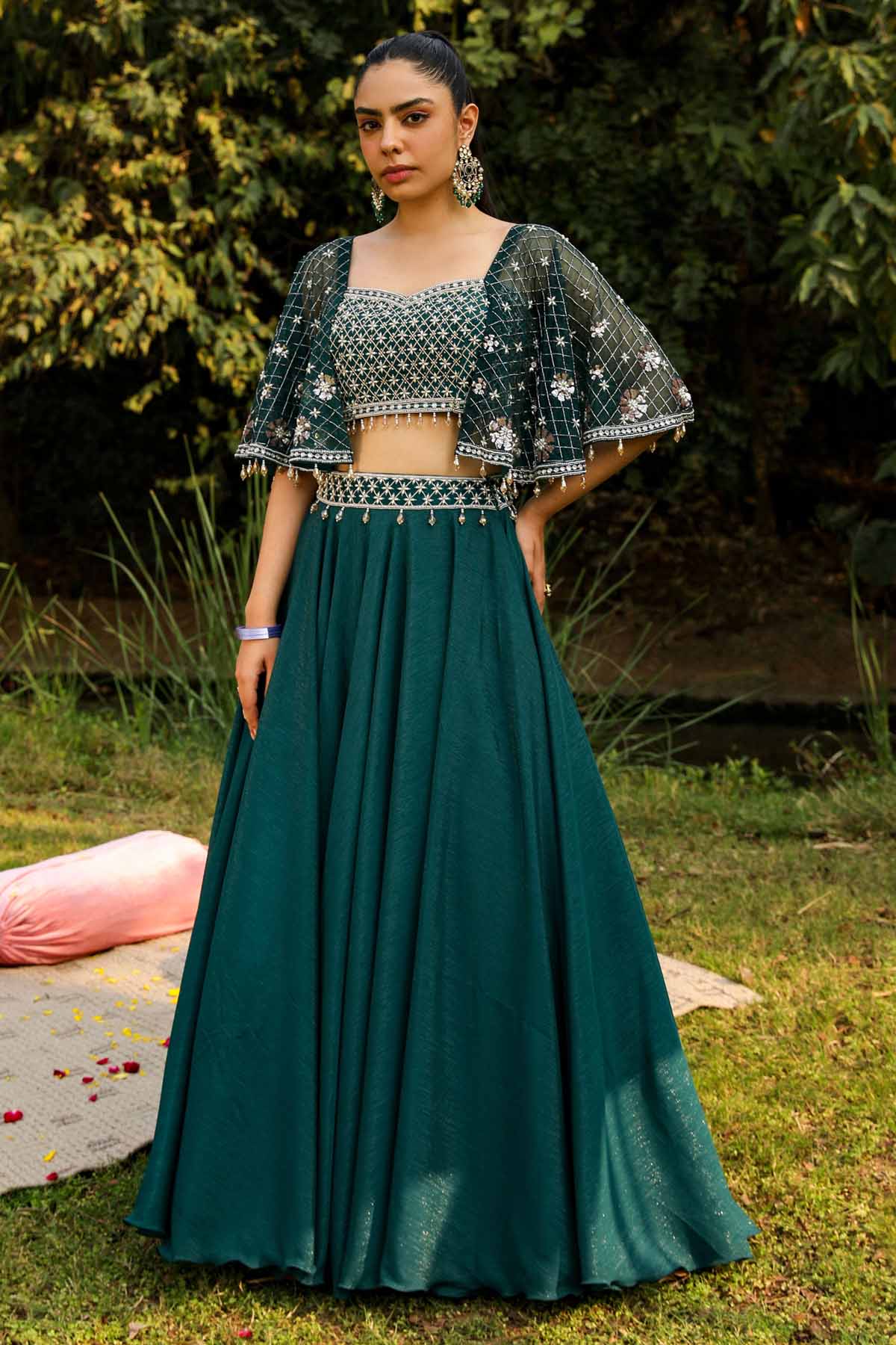 Ajiesh Oberoi Green Cape Sleeves Lehenga Set for women online at ScrollnShops