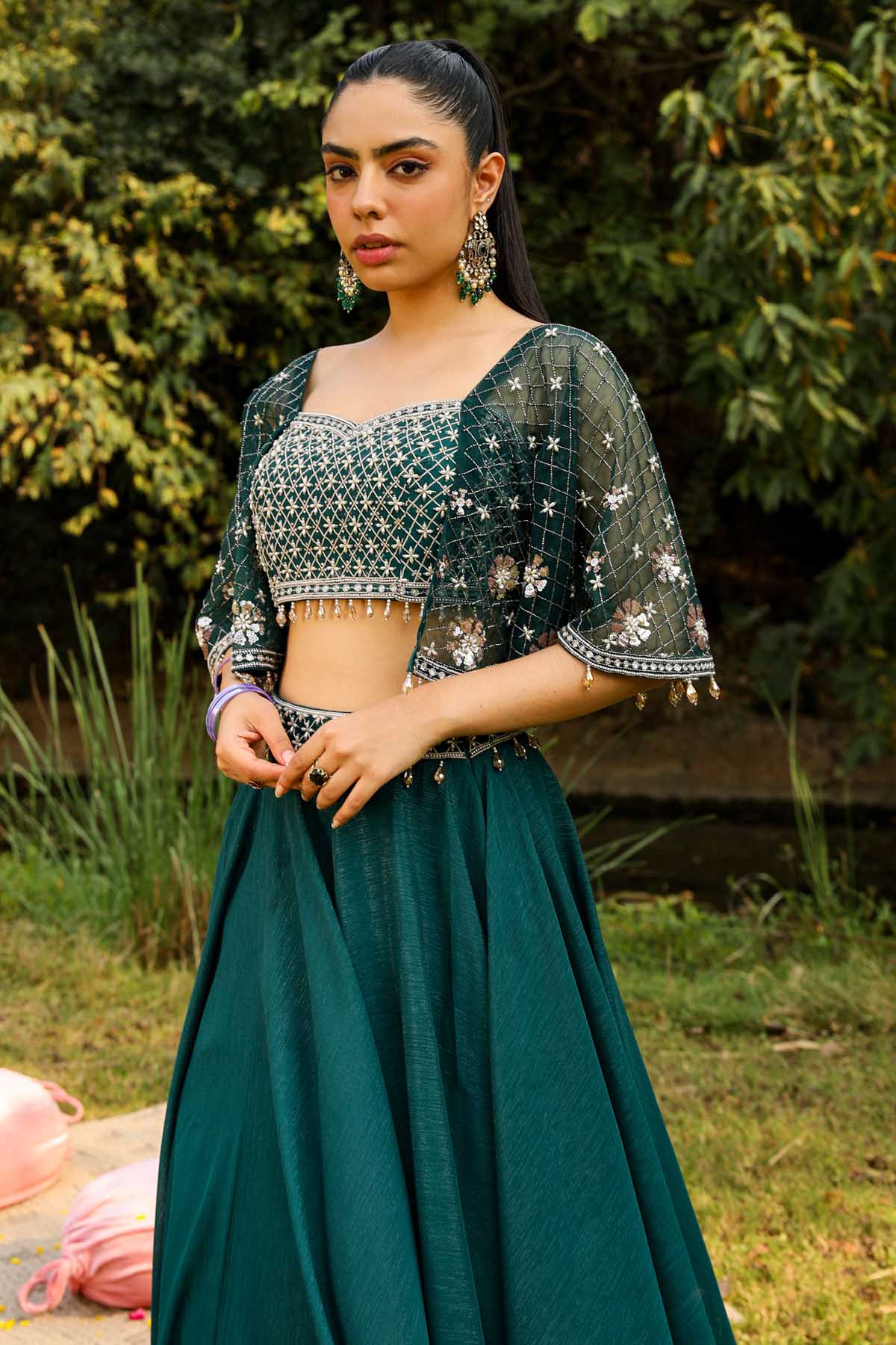 Green Cape Sleeves Lehenga Set