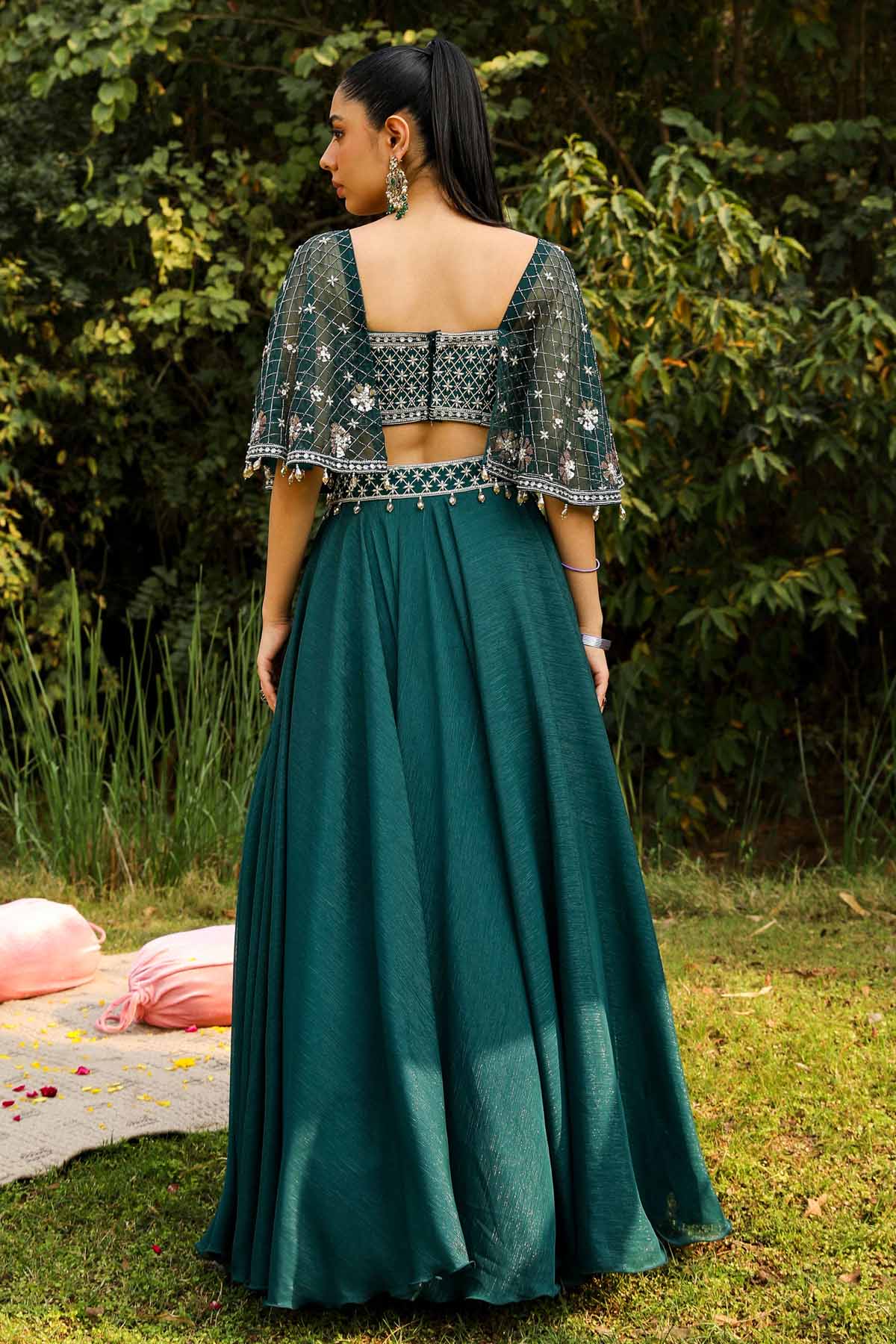Green Cape Sleeves Lehenga Set