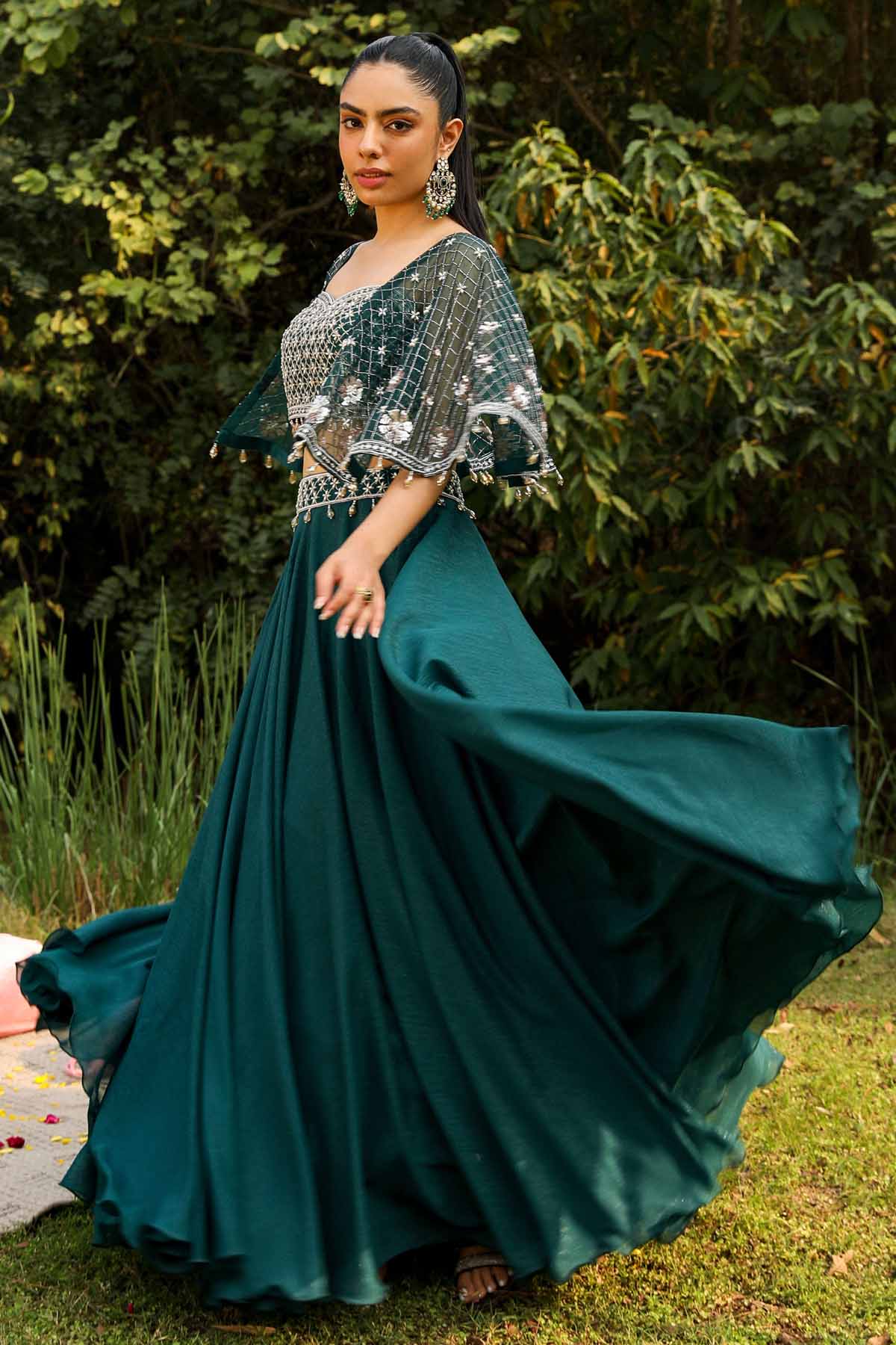 Green Cape Sleeves Lehenga Set