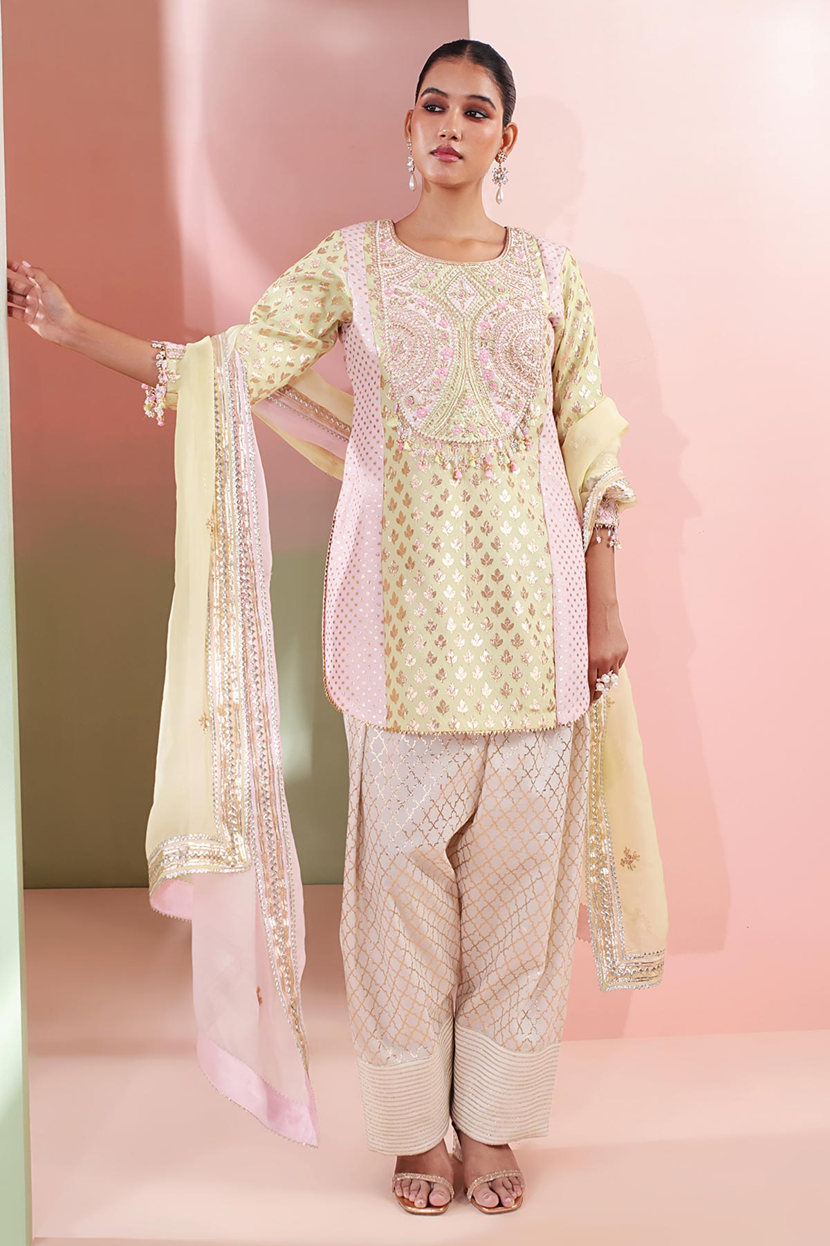 Buy Green Chanderi Dabka Kurta Set Set for women by Priyanka Jain online available at scrollnshops