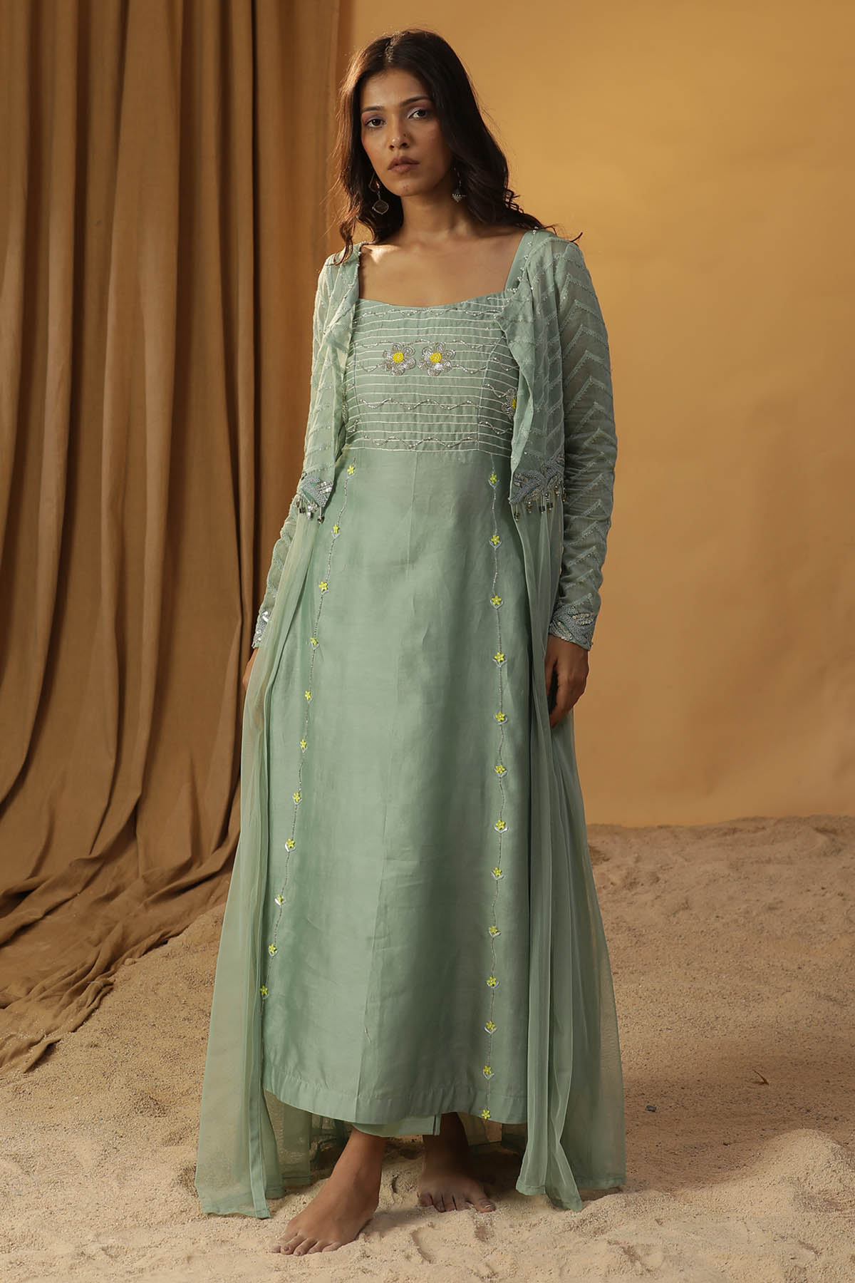 Arpita Sulakshana Green Chanderi Jacket & Dress for women online at ScrollnShops