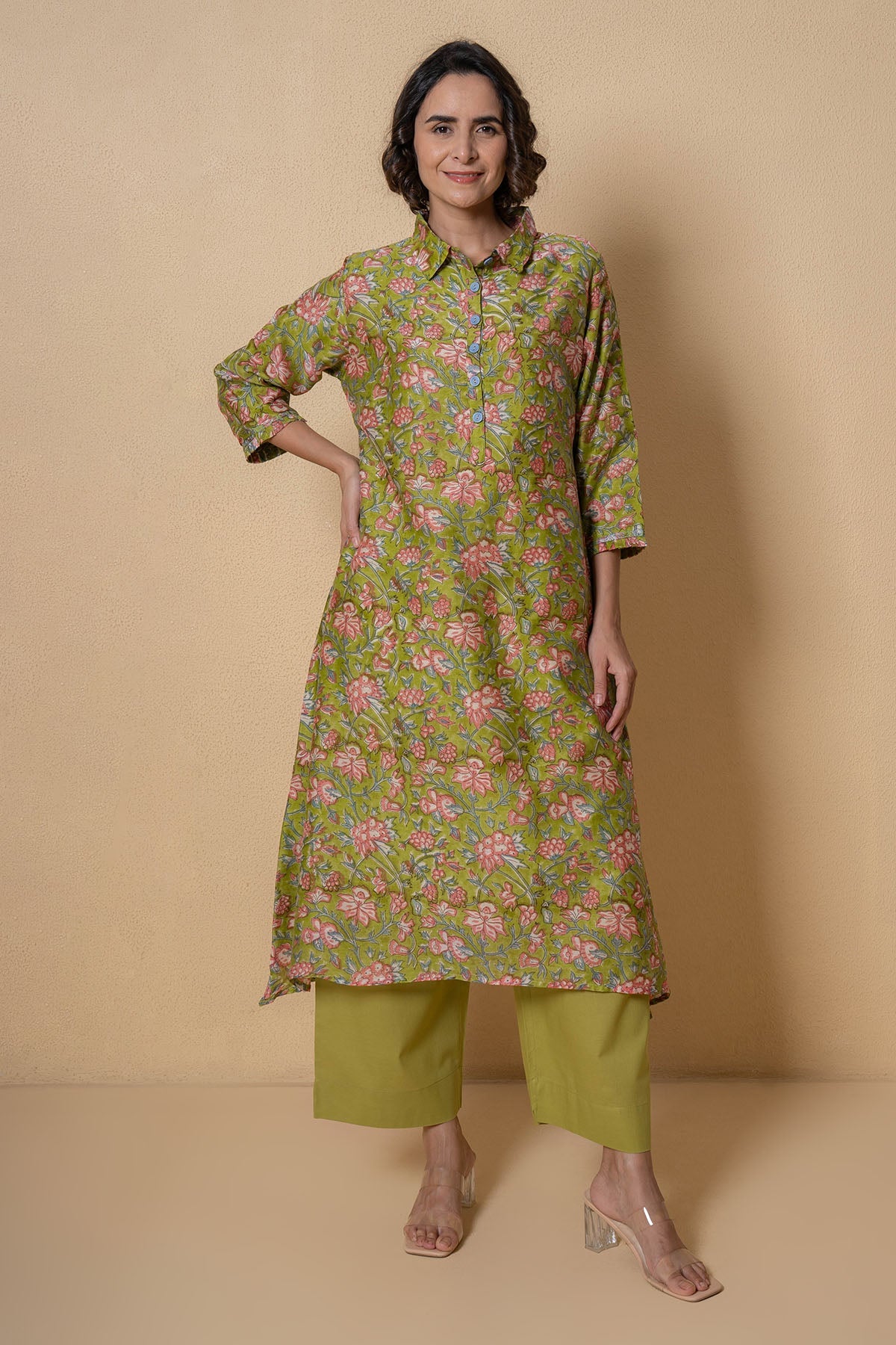 Buy Green Chanderi Kurta And Pants for Women Online at ScrollnShops