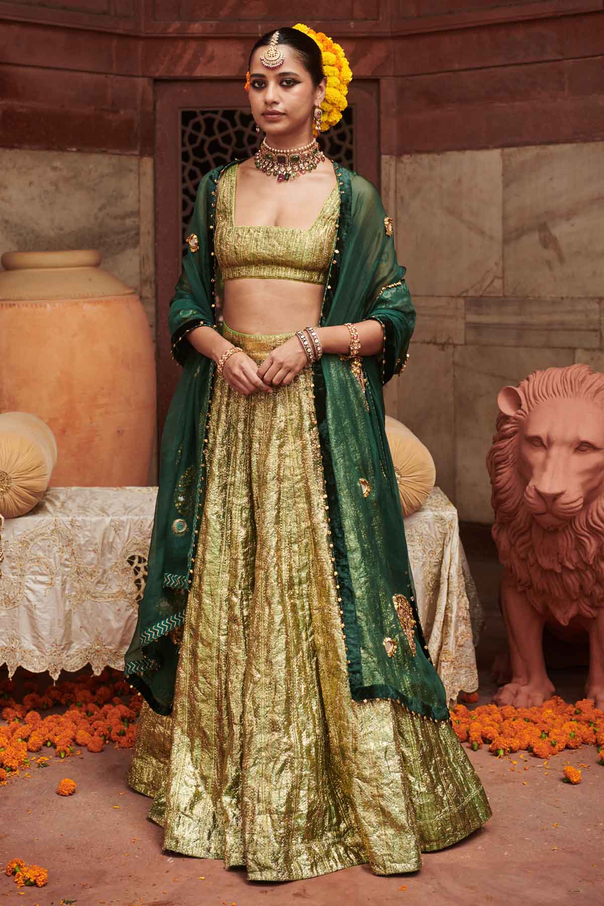 Green Chanderi Lampi Lehenga Set