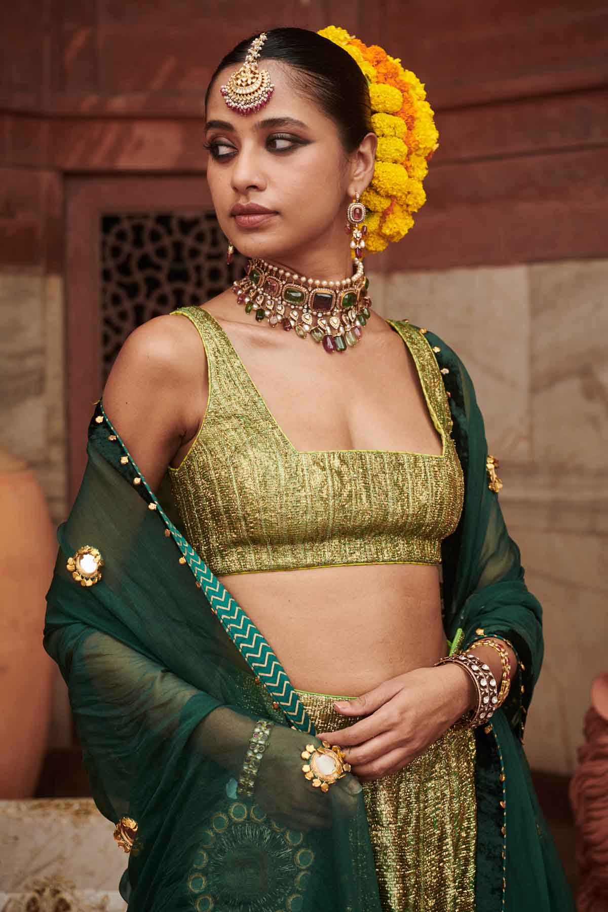 Green Chanderi Lampi Lehenga Set