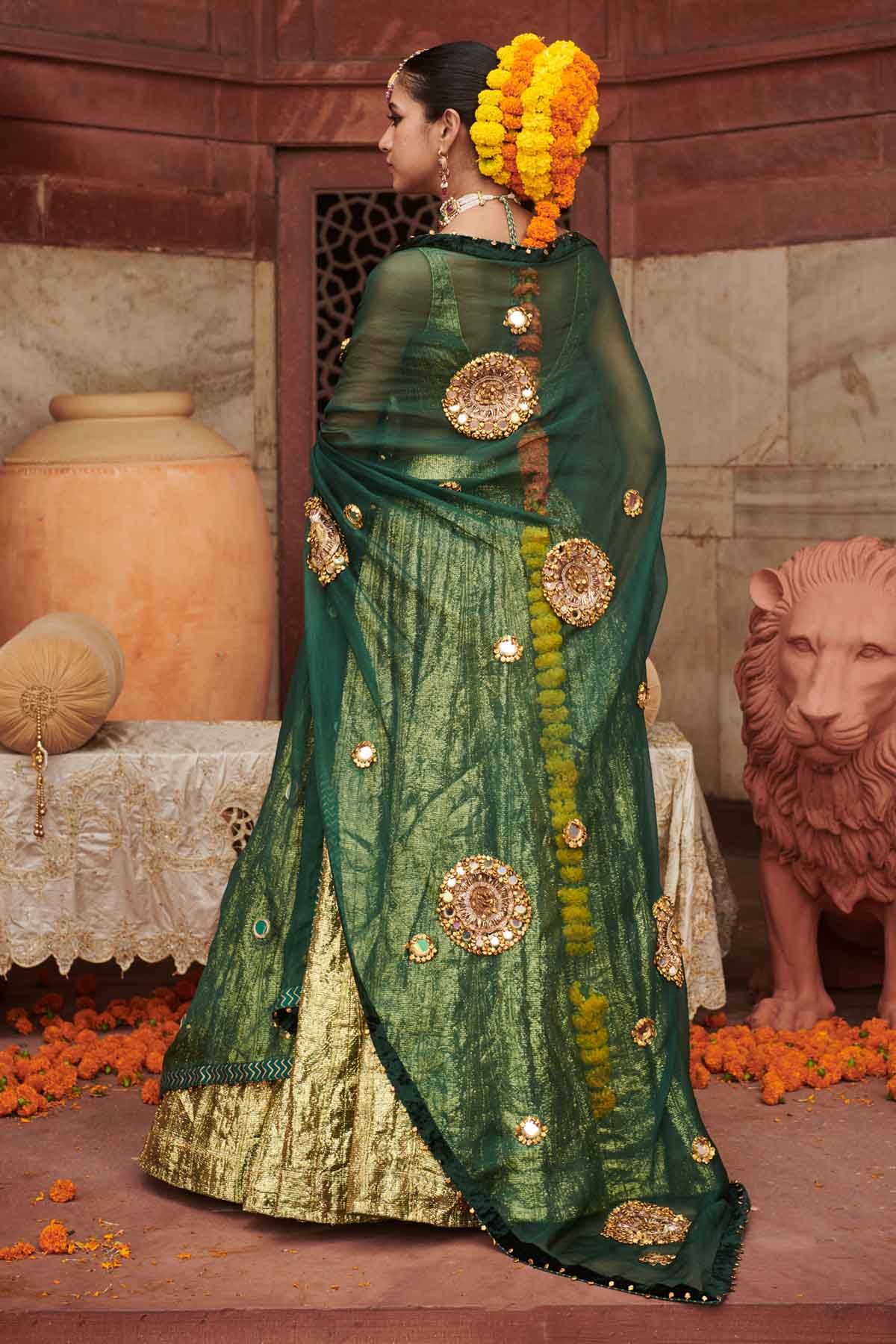 Green Chanderi Lampi Lehenga Set
