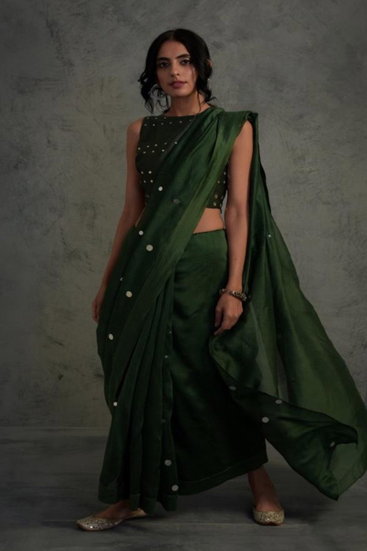 Buy Green Chanderi Saree & Blouse by Charkhee for women online at ScrollnShops