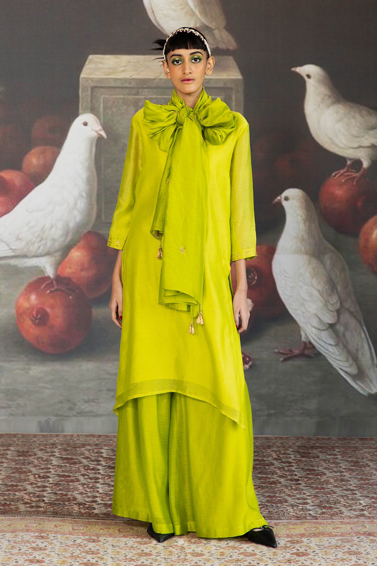 Green Chanderi V-Neck Kurta