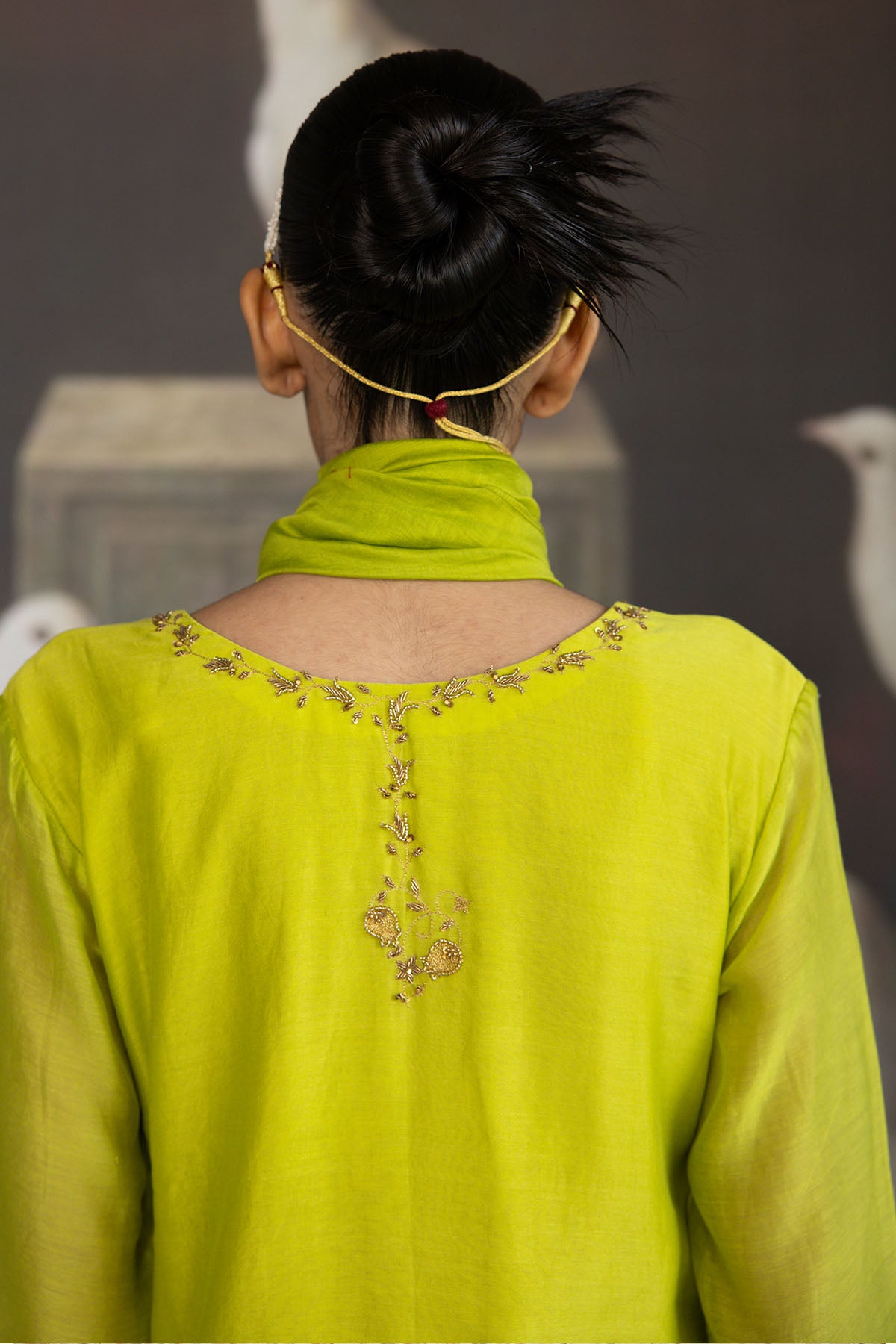 Green Chanderi V-Neck Kurta