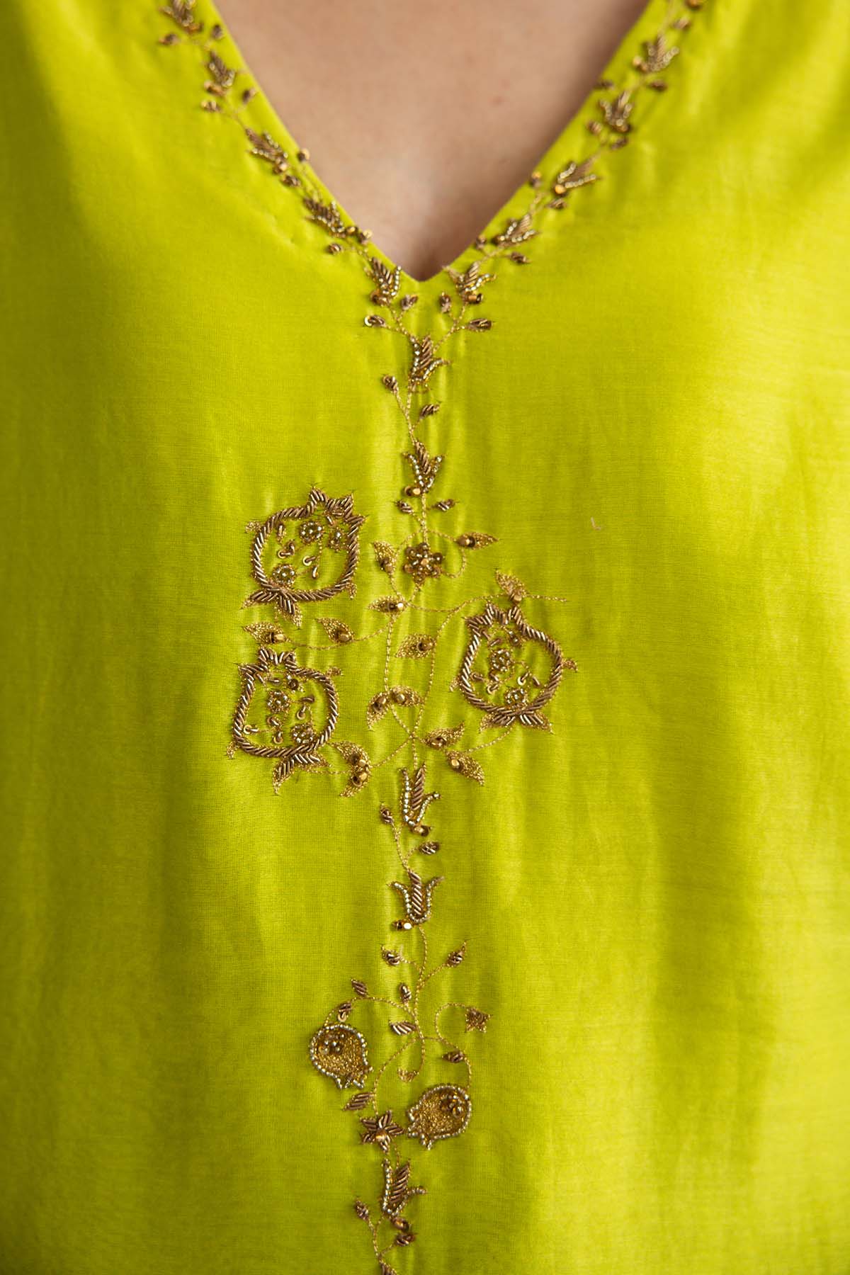 Green Chanderi V-Neck Kurta