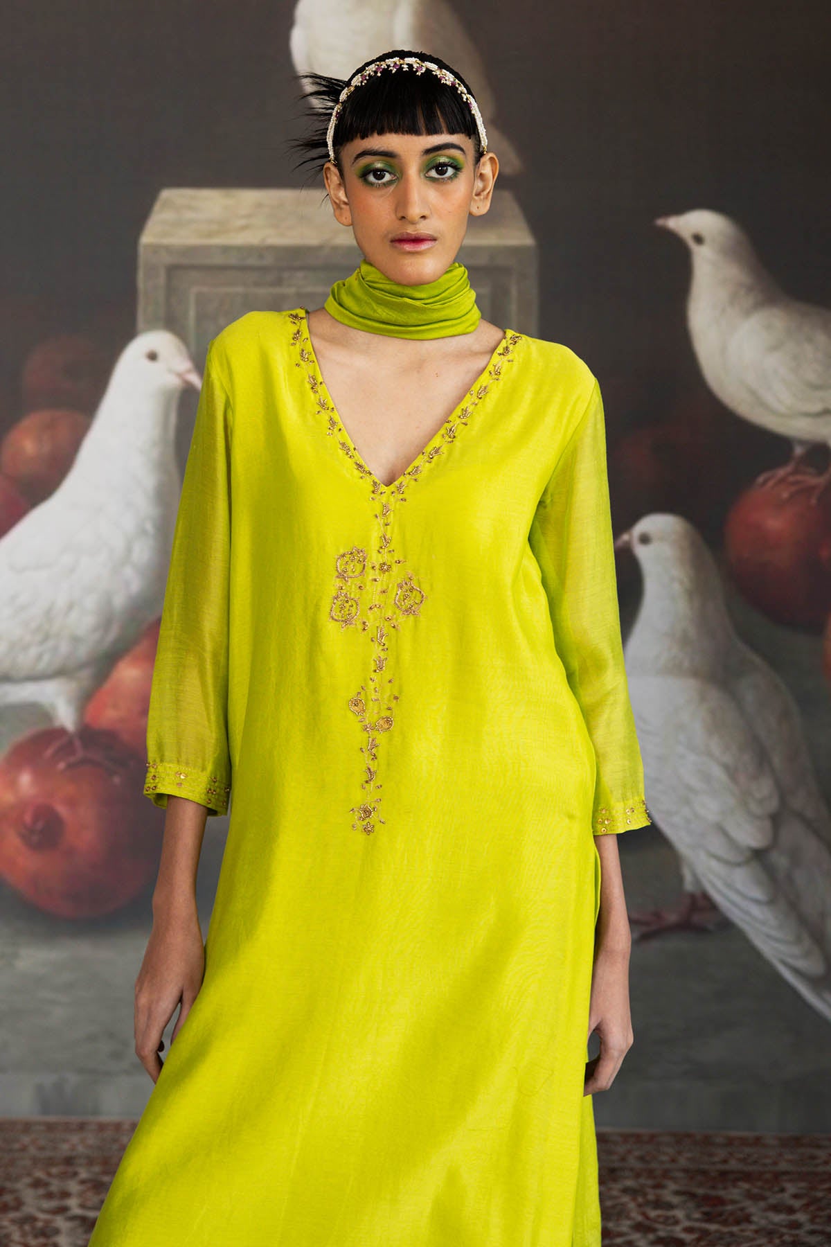 Green Chanderi V-Neck Kurta