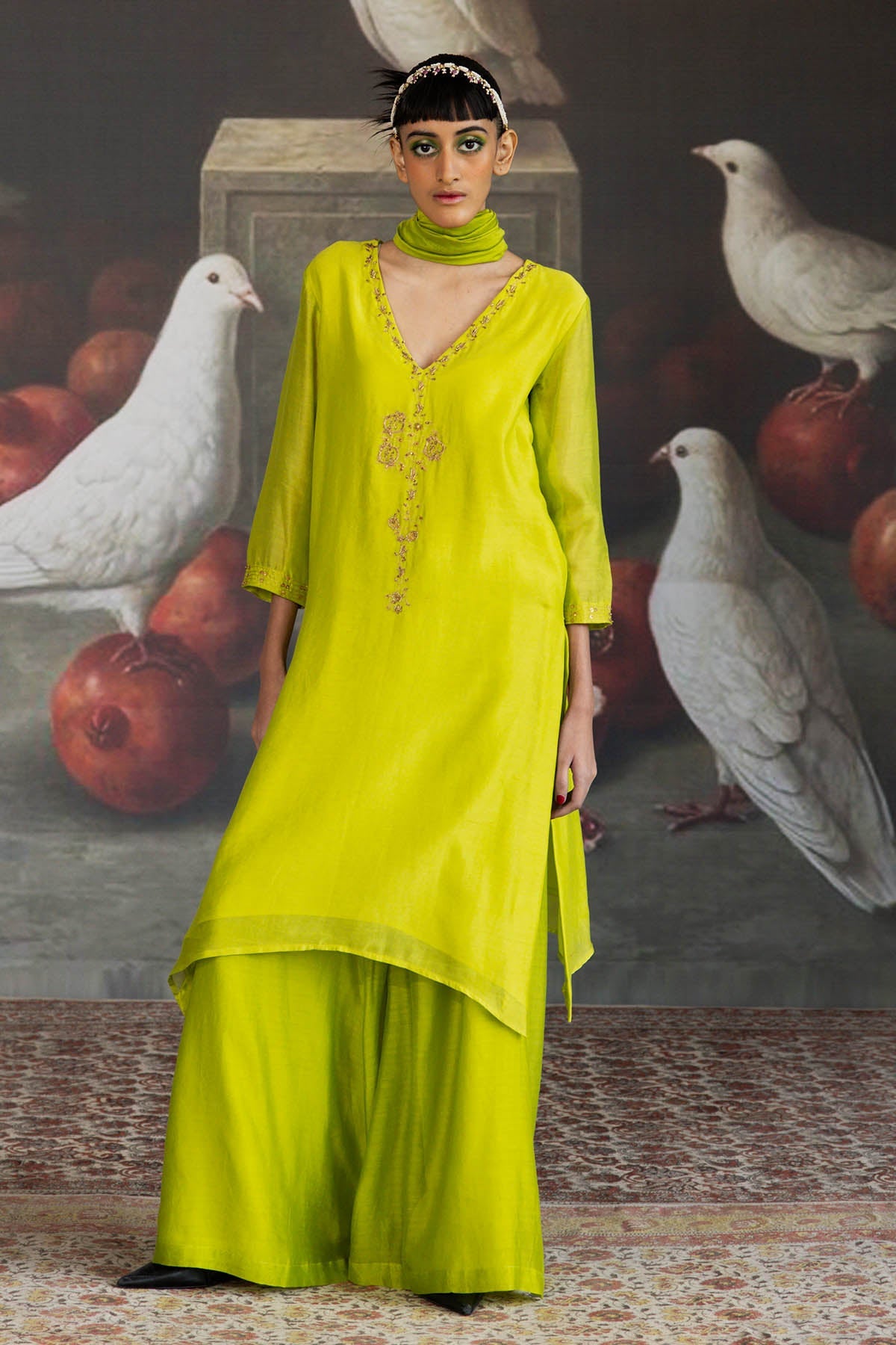 Buy Green Chanderi V-Neck Kurta by Journal by Pranay for women online at ScrollnShops