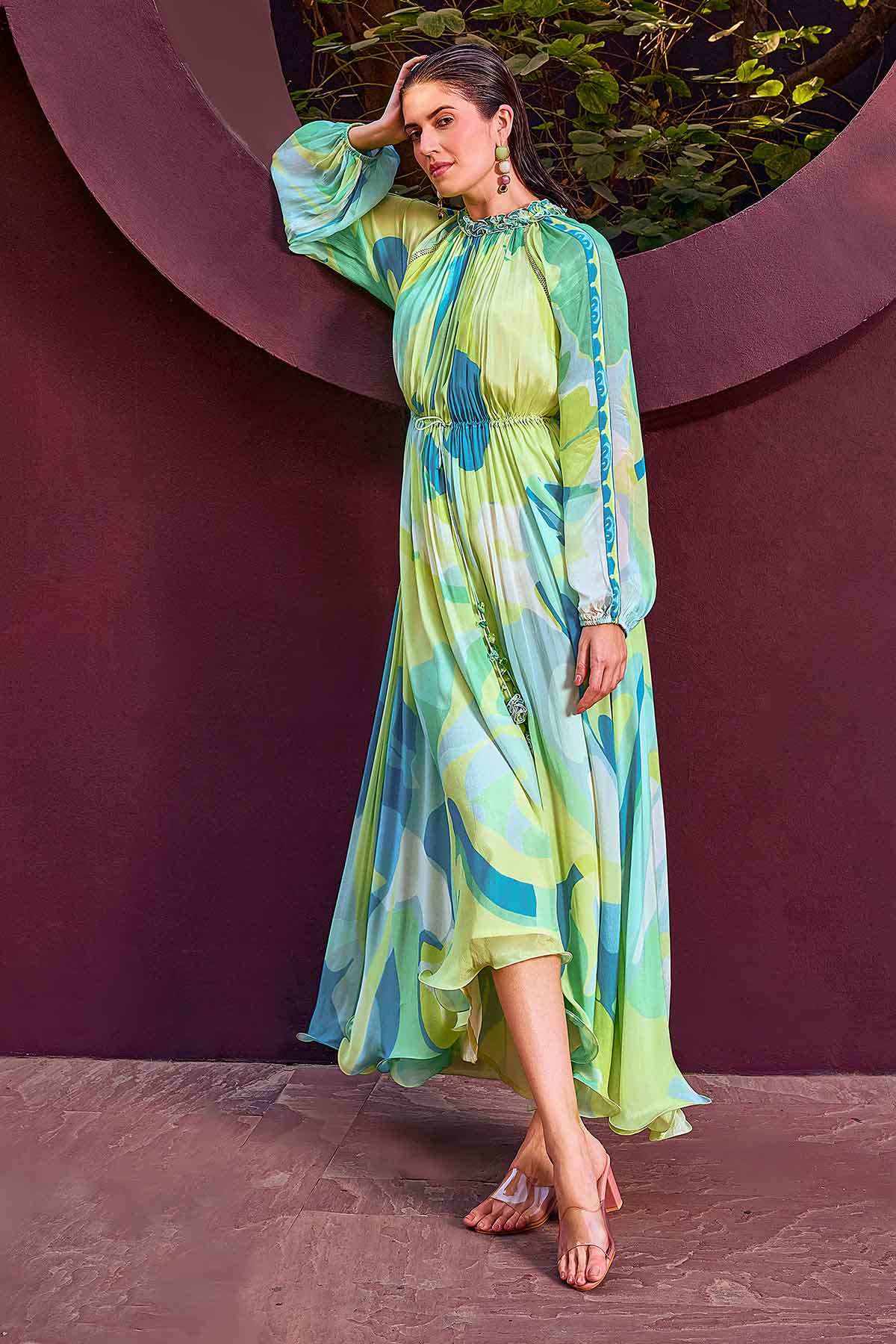 Buy Green Chiffon Asymmetrical Dress by Mandira Wirk for women online at ScrollnShops