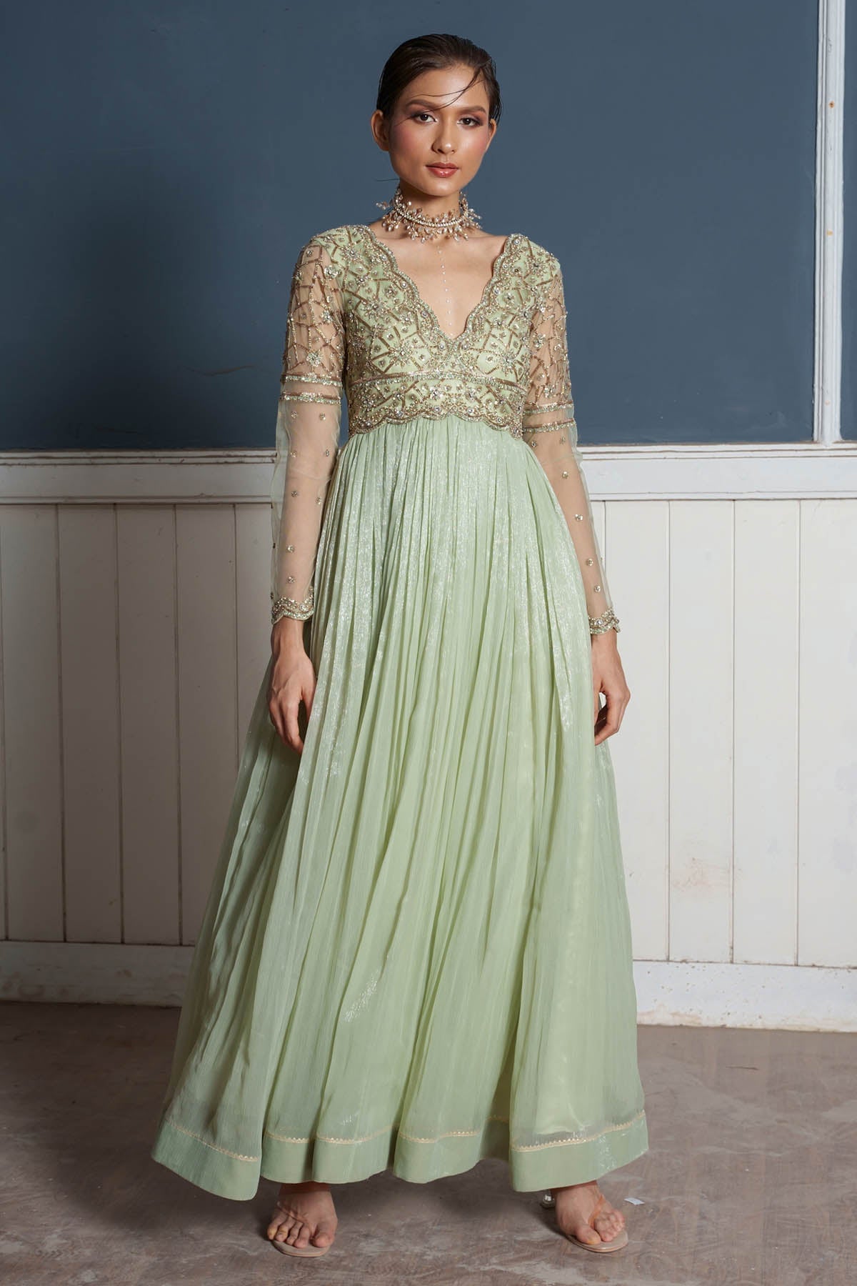 Seharre Green Chiffon Embroidered Gown for women online at ScrollnShops