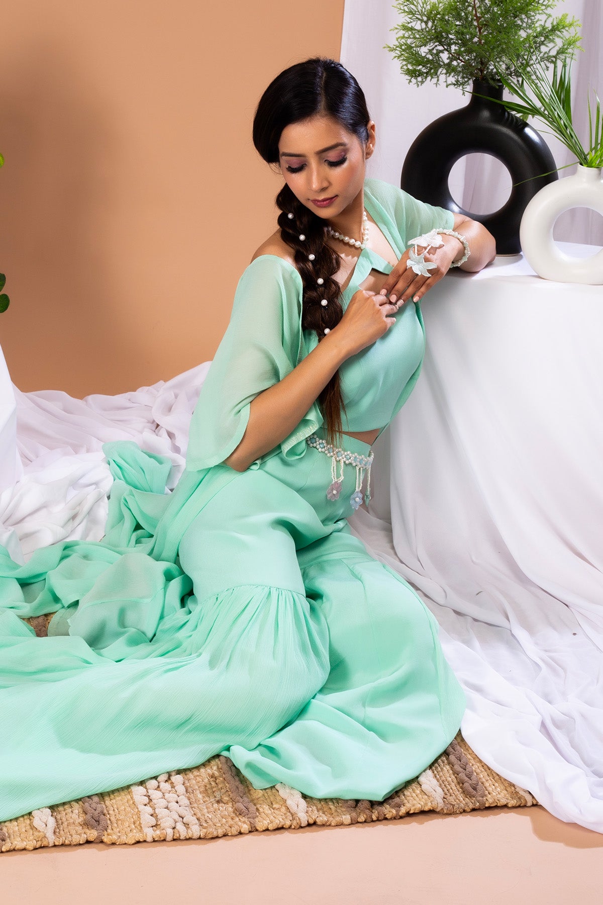 Green Chiffon Indo-Western Set