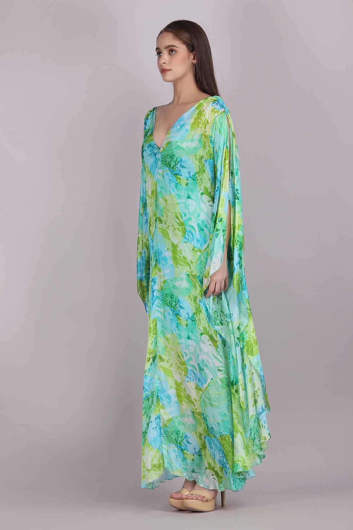 Green Chiffon Printed Kaftan