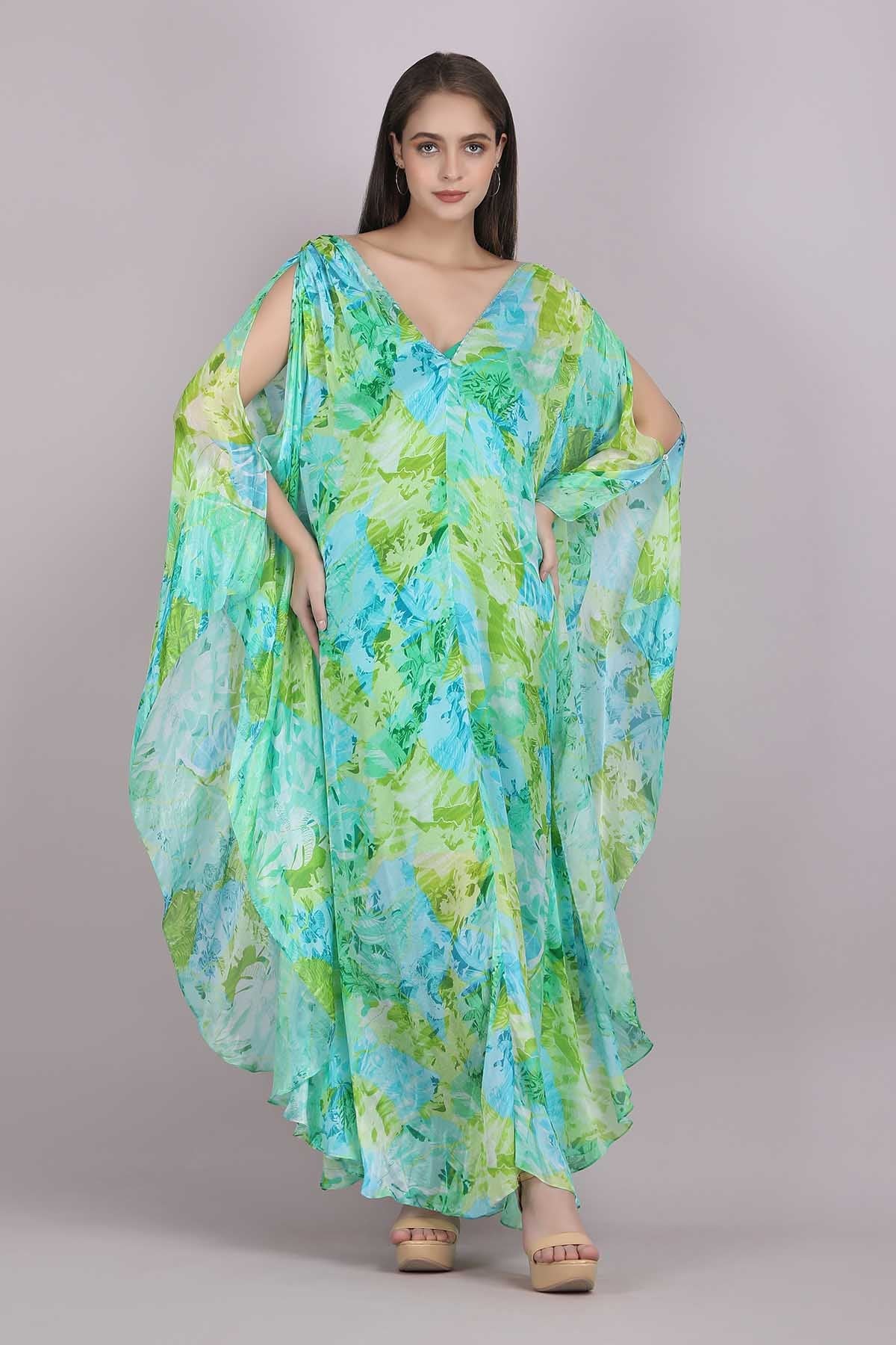 Buy Green Chiffon Printed Kaftan by Mandira Wirk