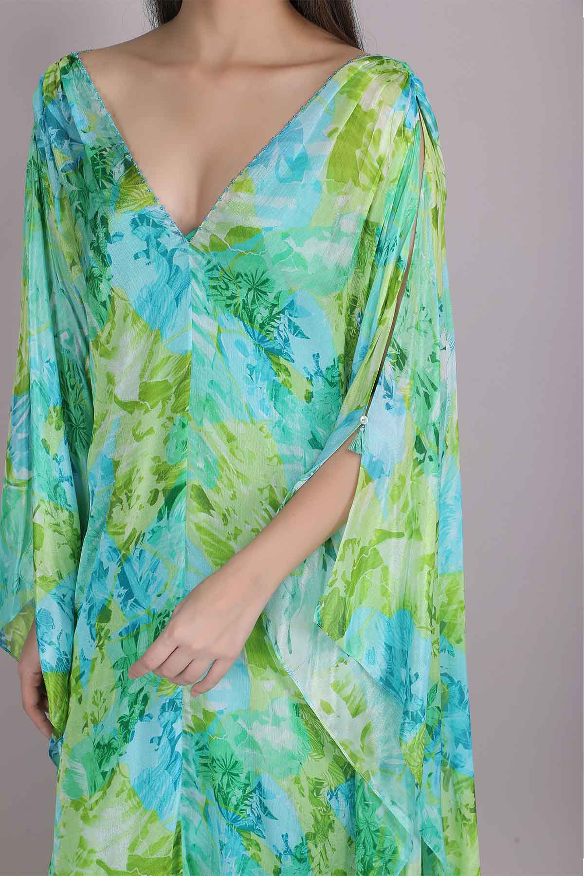 Green Chiffon Printed Kaftan