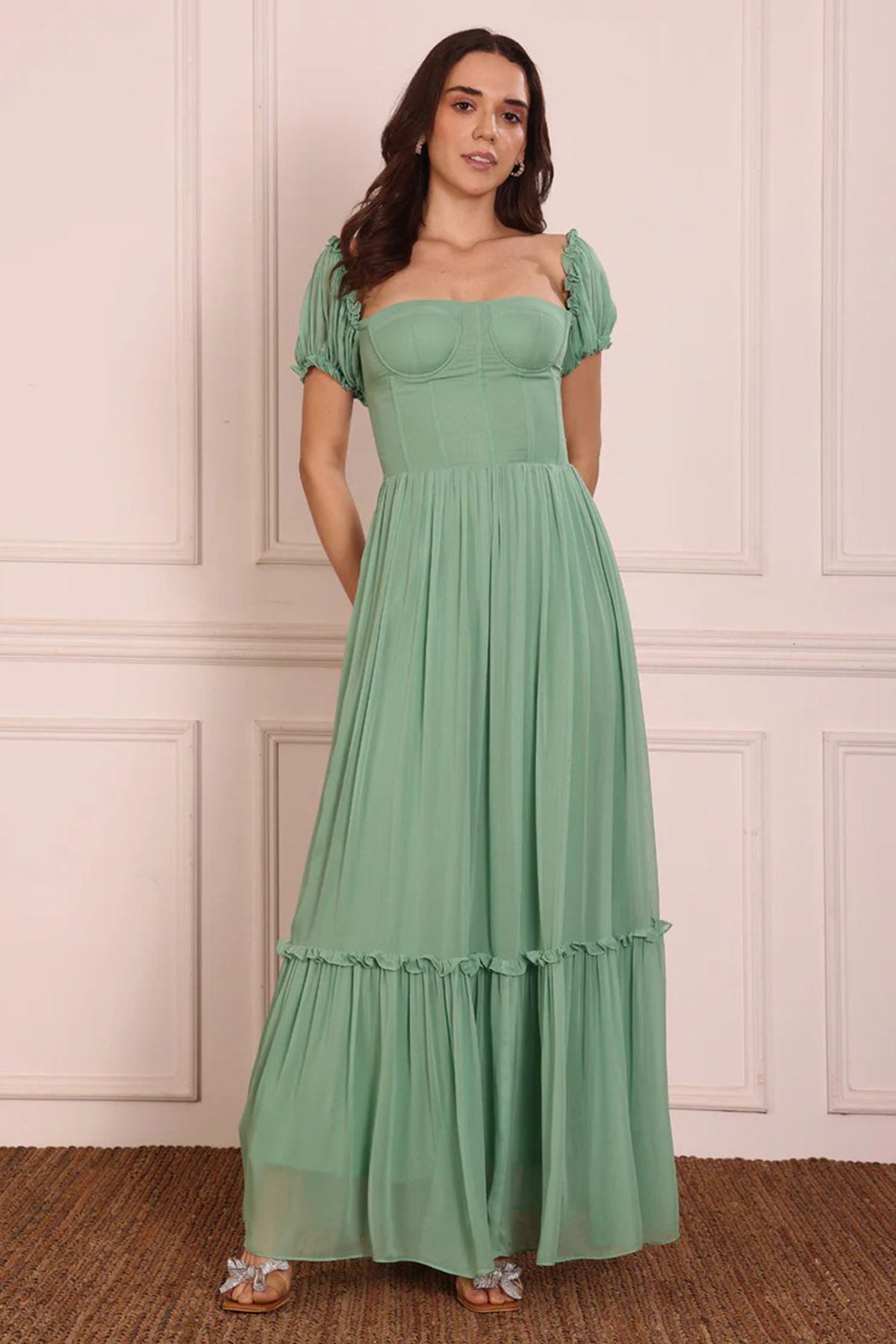 Buy Green Corset Style Maxi Dress for women by Seoraa online available at scrollnshops
