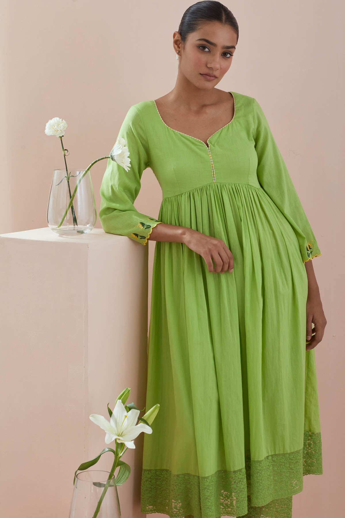 Green Cotton Anarkali & Pants