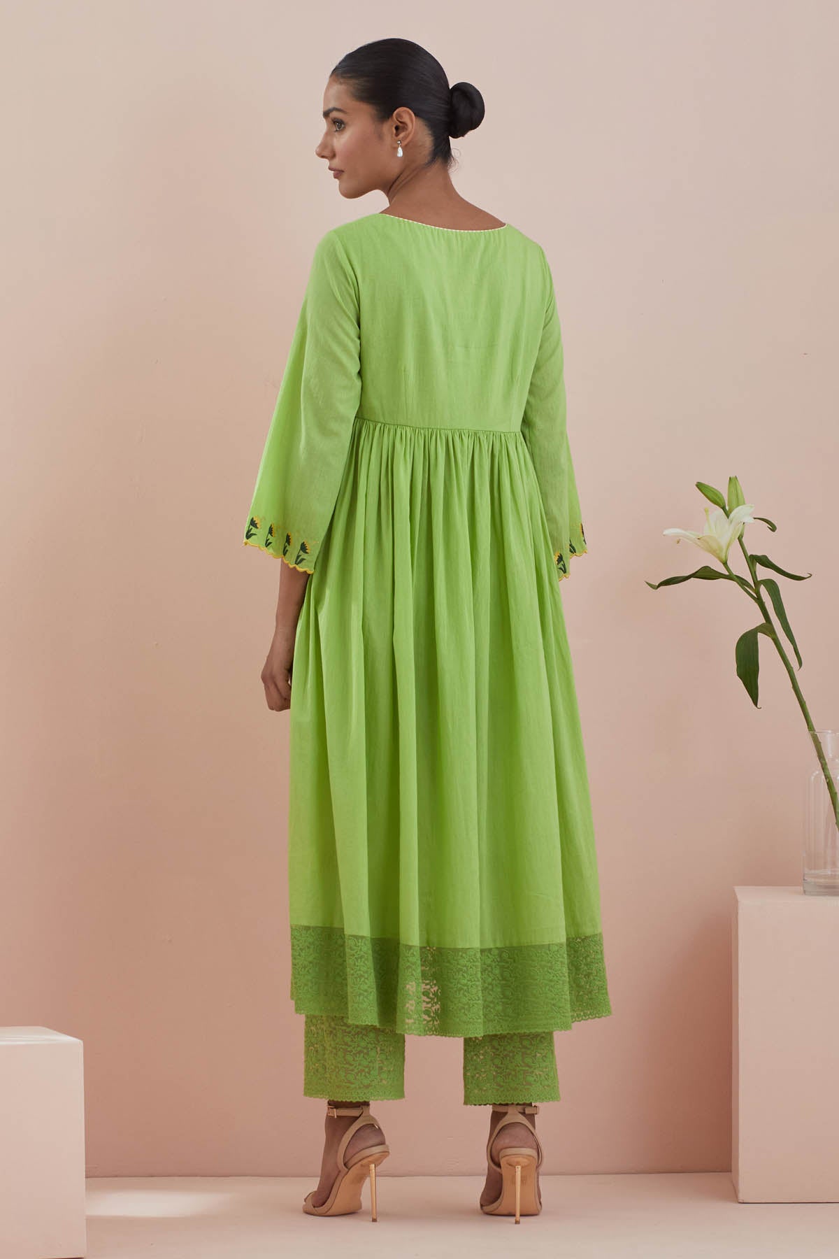 Green Cotton Anarkali & Pants