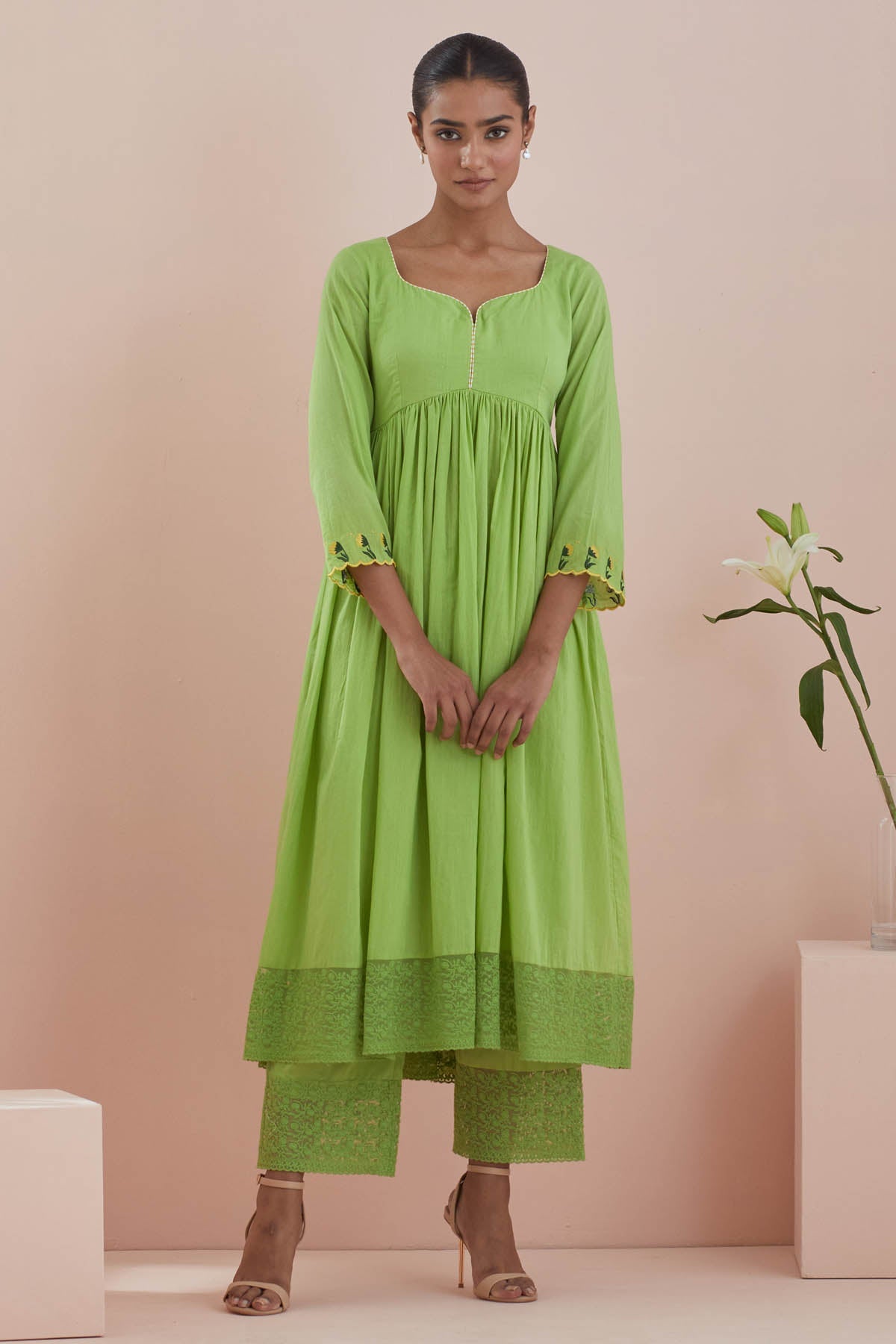 Vinusto Green Cotton Anarkali & Pants for women online at ScrollnShops