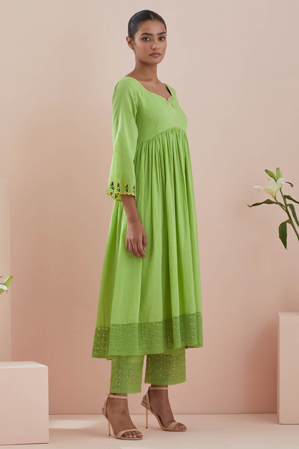 Green Cotton Anarkali & Pants