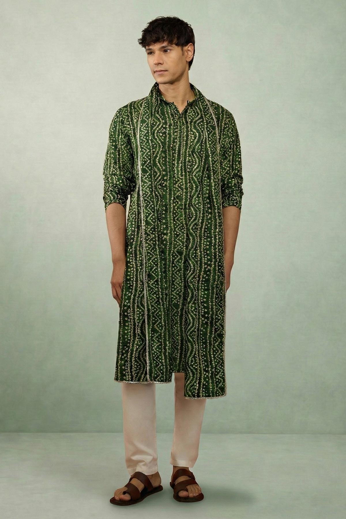 Buy Green Cotton Bandhani Kurta Set for women by Priyanka Jain online available at scrollnshops
