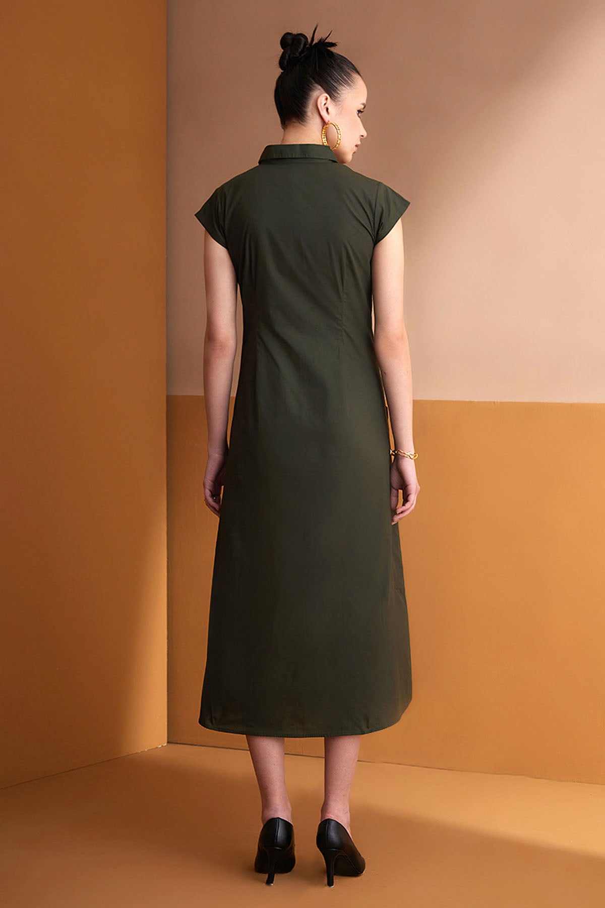 Green Cotton Collar Midi Dress