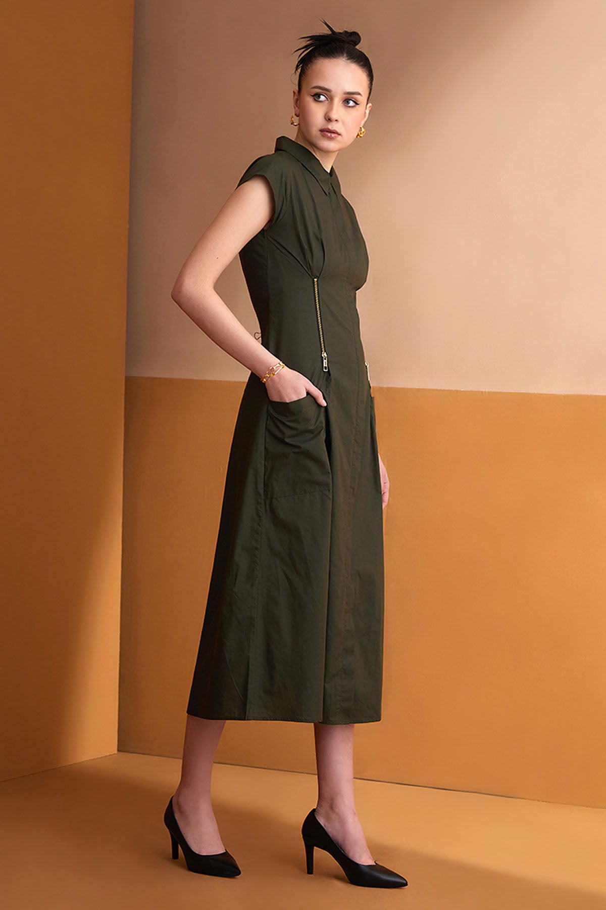 Green Cotton Collar Midi Dress