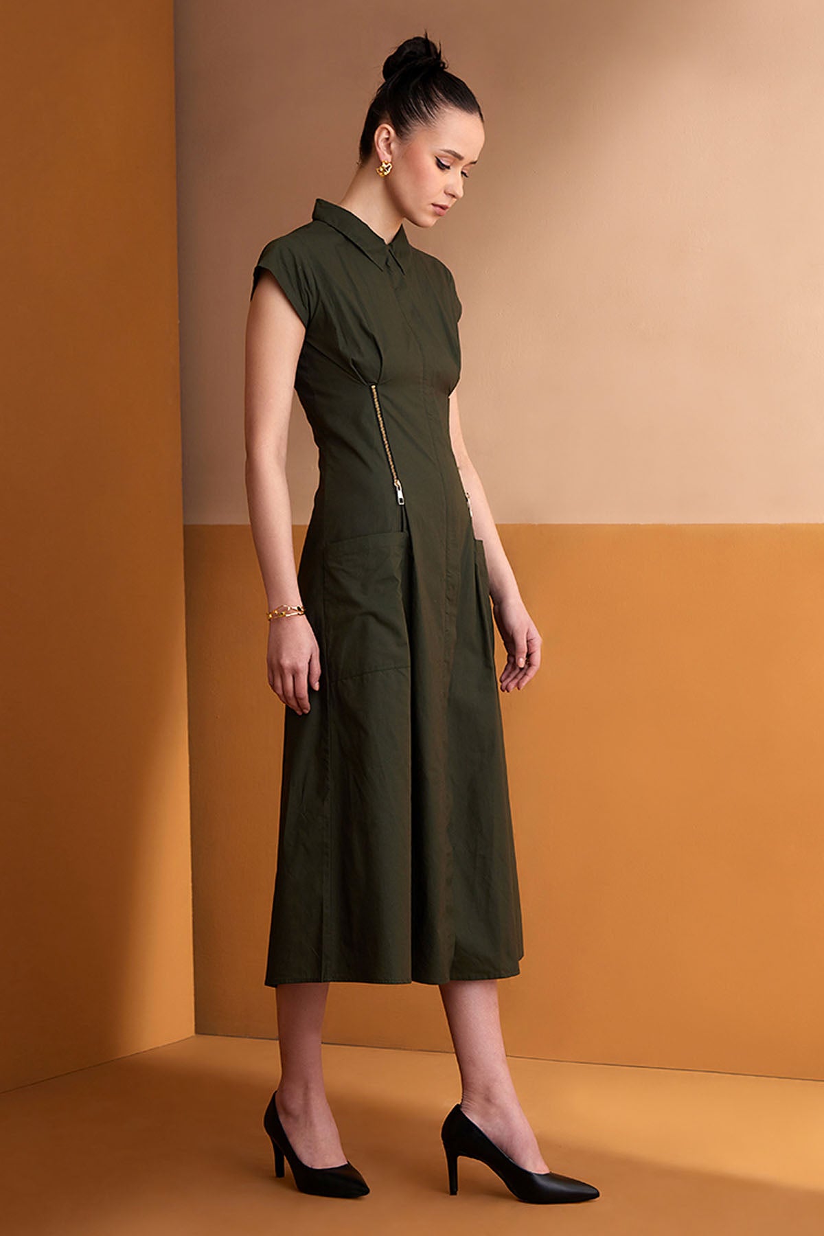 Green Cotton Collar Midi Dress