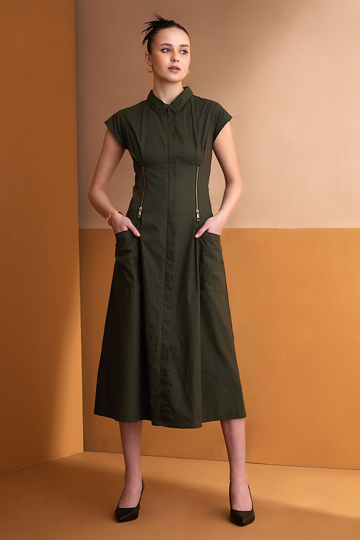 Vanten Green Cotton Collar Midi Dress for women online at ScrollnShops