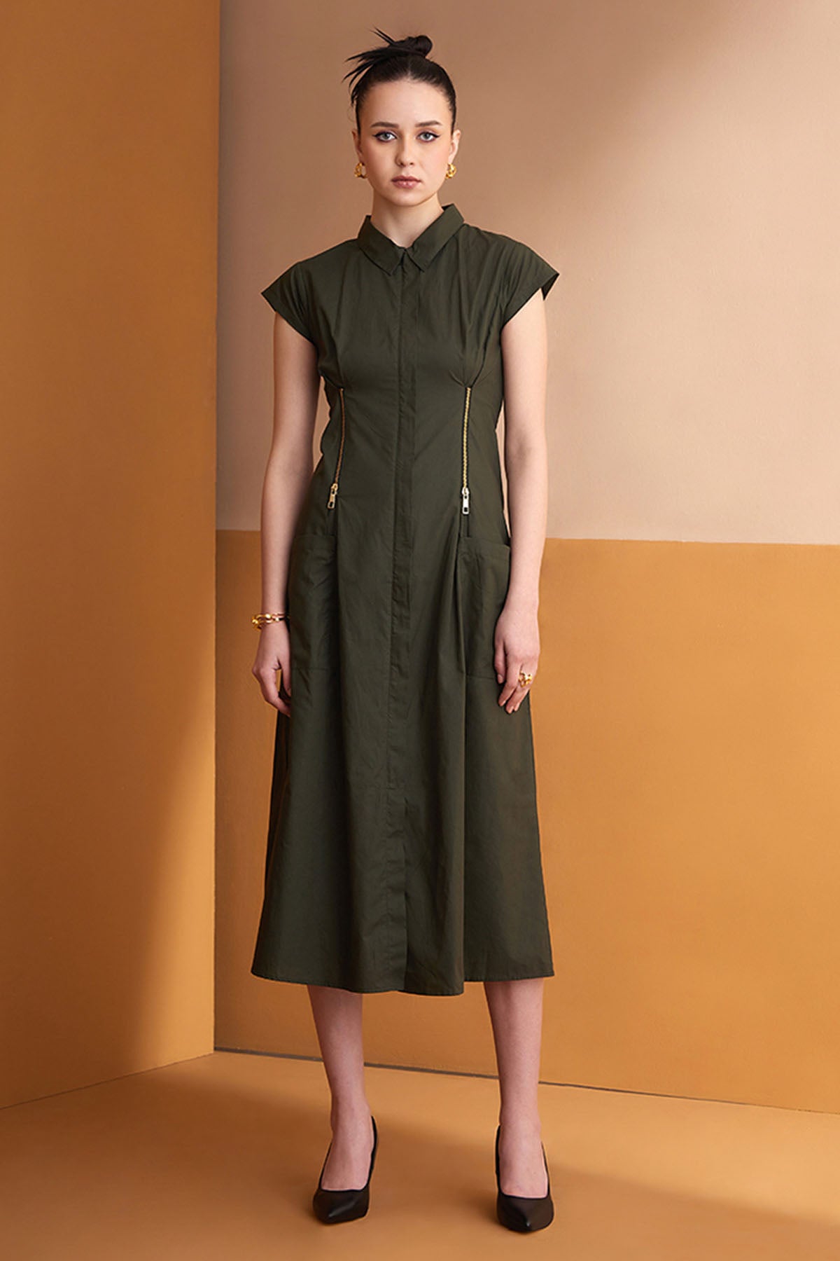 Green Cotton Collar Midi Dress