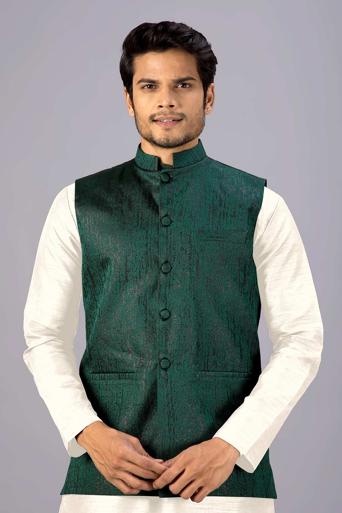Buy Green Cotton Embroidered Bundi for men by Aastha Fashion online available at scrollnshops